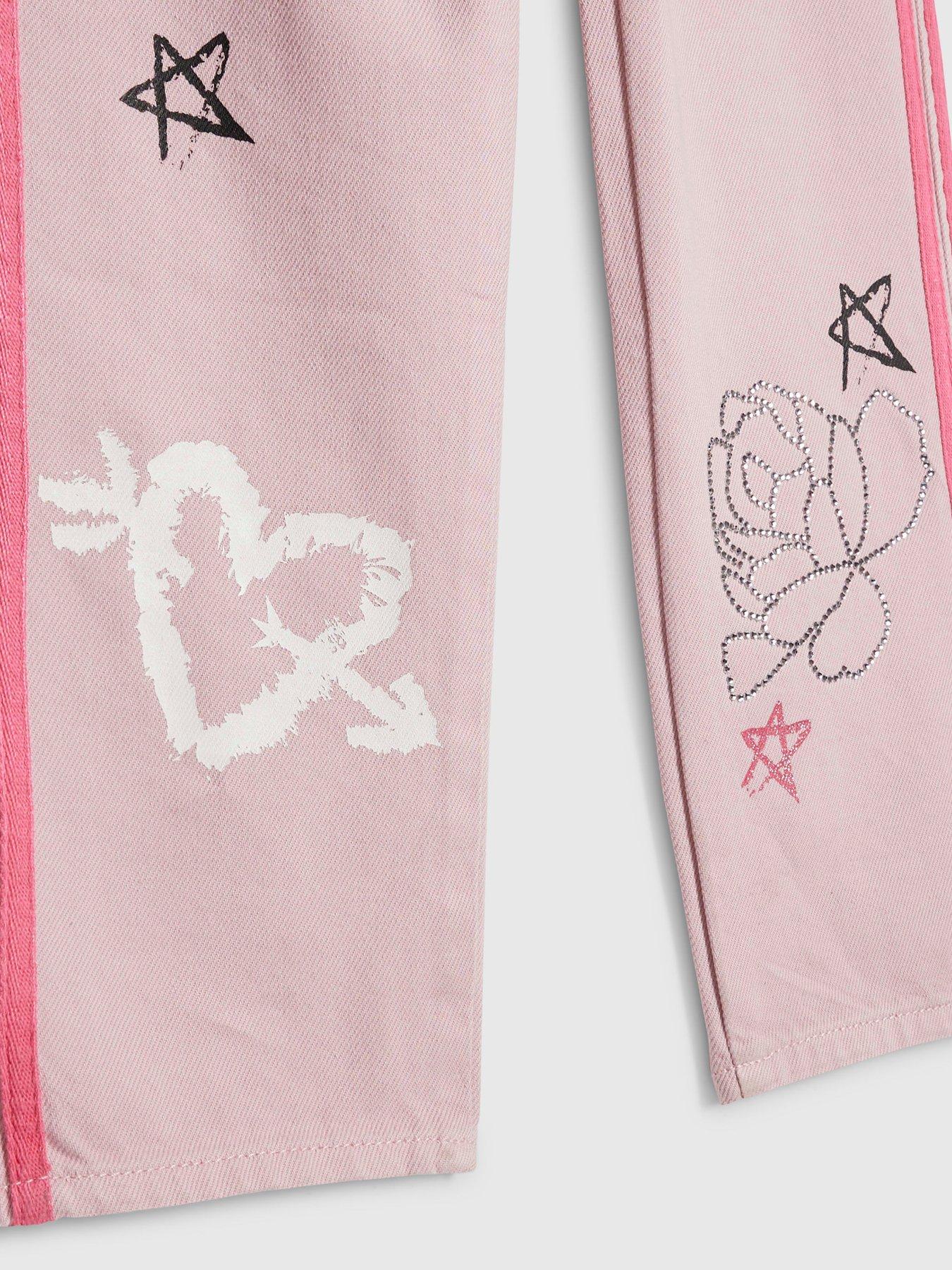Image 3 of 4 of River Island Older Girls Graffiti Straight Jeans - Pink