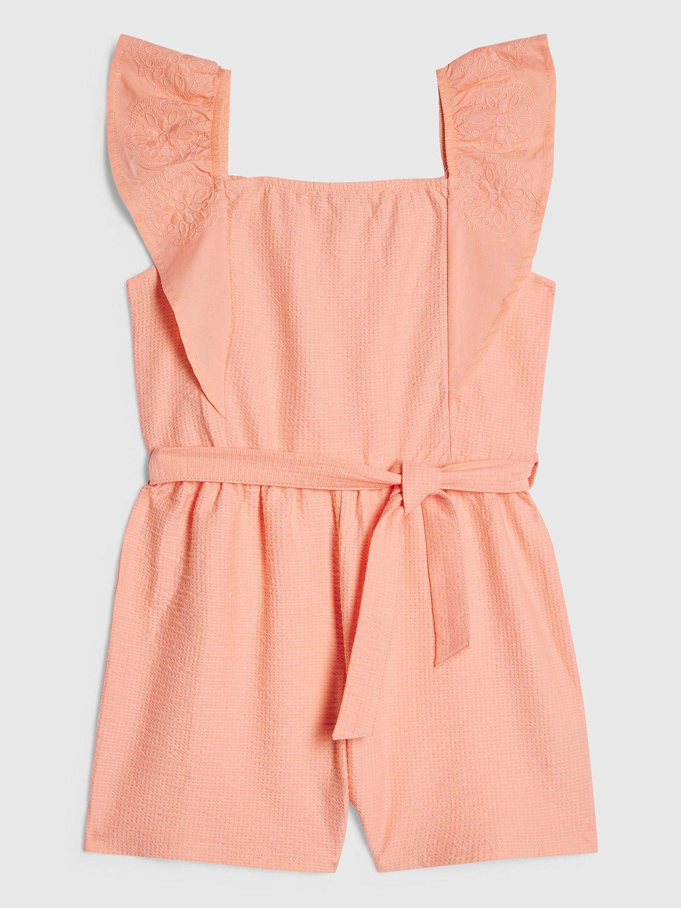 Image 1 of 4 of River Island Older Girls Shirred Floral Playsuit - Orange