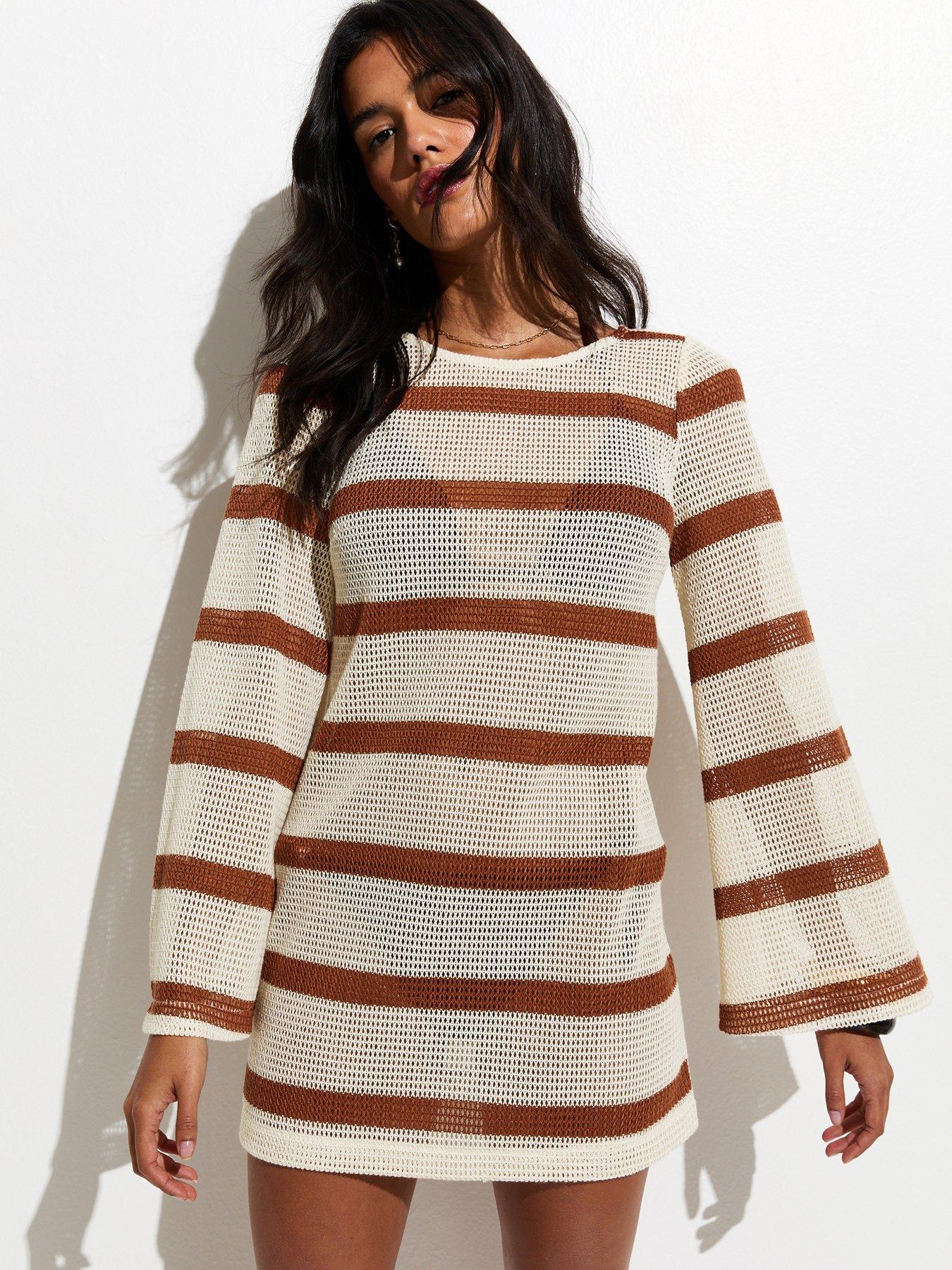 Image 1 of 5 of New Look Scoop Back Crochet Kaftan - Brown