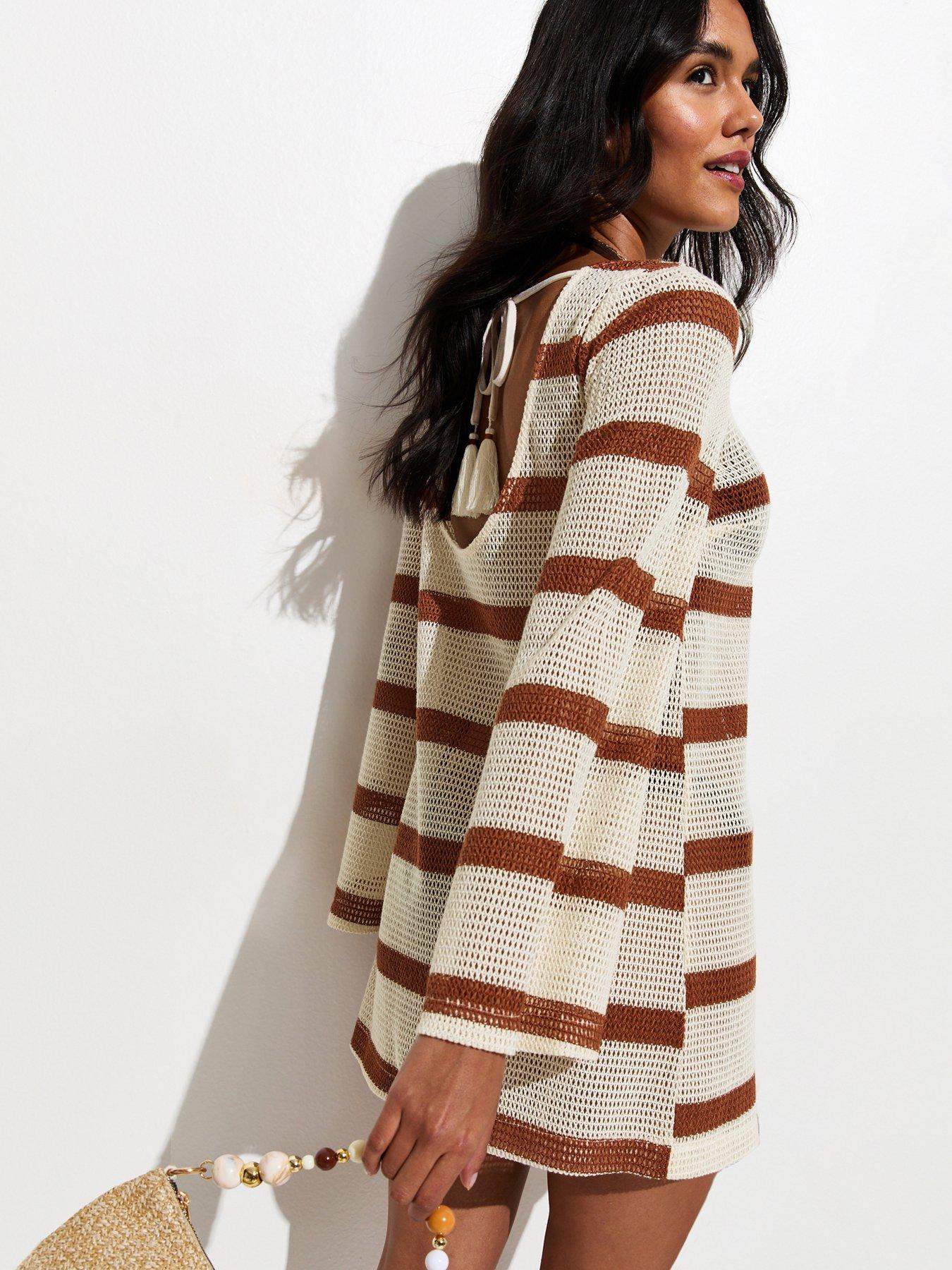 Image 2 of 5 of New Look Scoop Back Crochet Kaftan - Brown