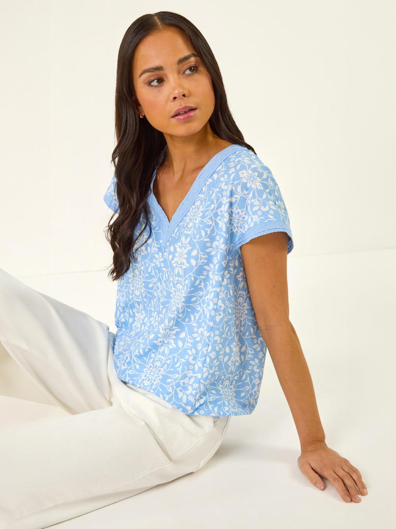 Image 1 of 5 of Roman Petite V-neck Trim Stretch Top