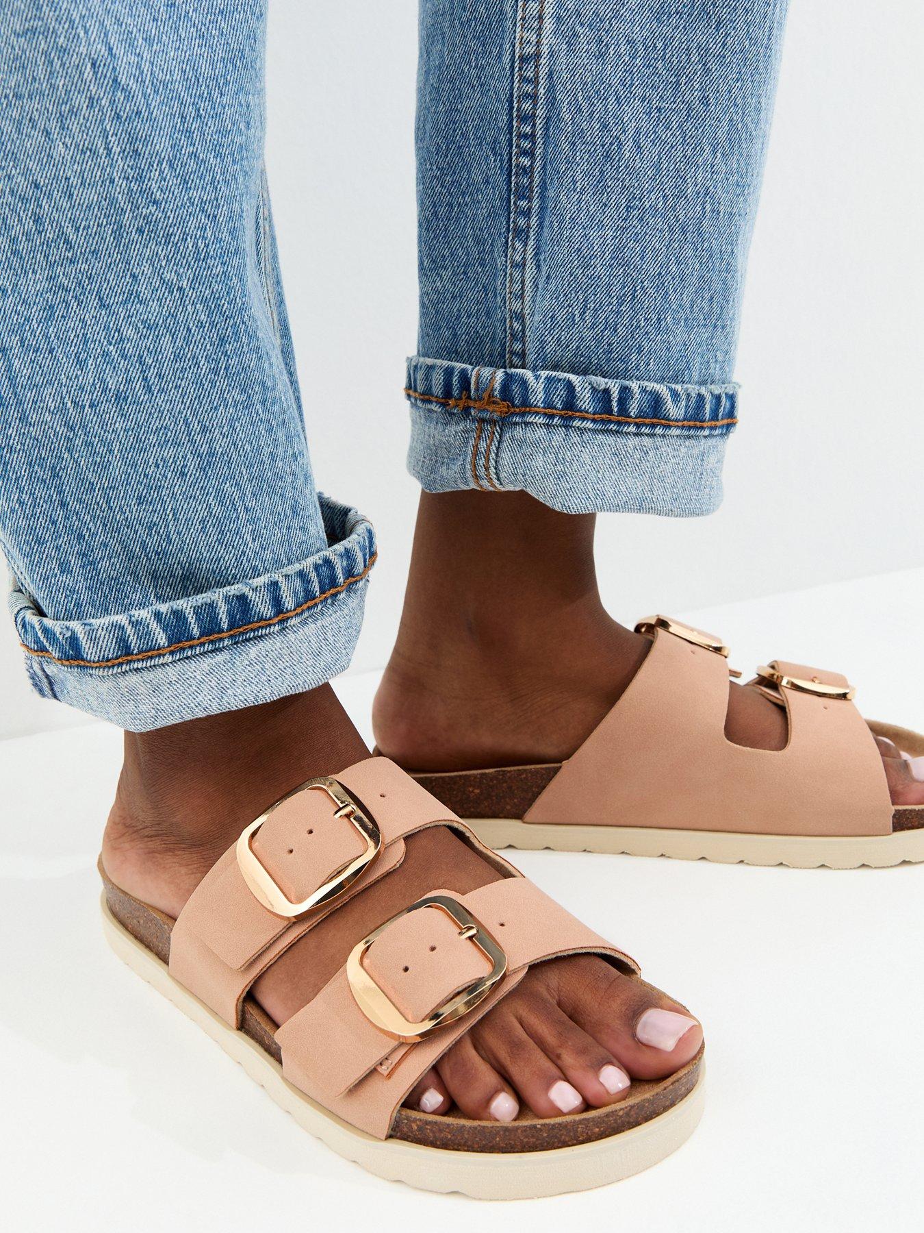 Image 1 of 5 of New Look Cork Sole Double Strap Mule Sandals - Light Pink