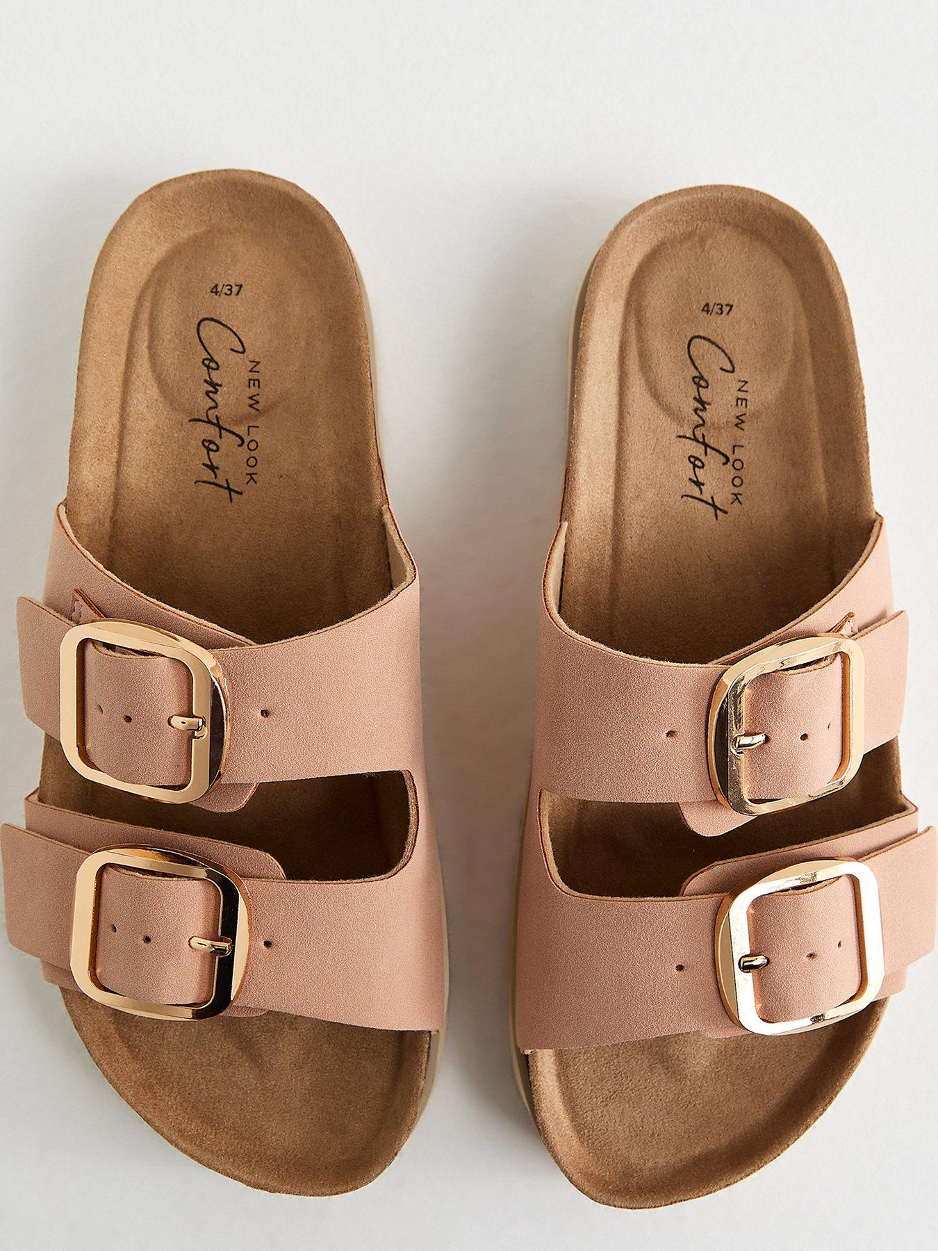 Image 4 of 5 of New Look Cork Sole Double Strap Mule Sandals - Light Pink