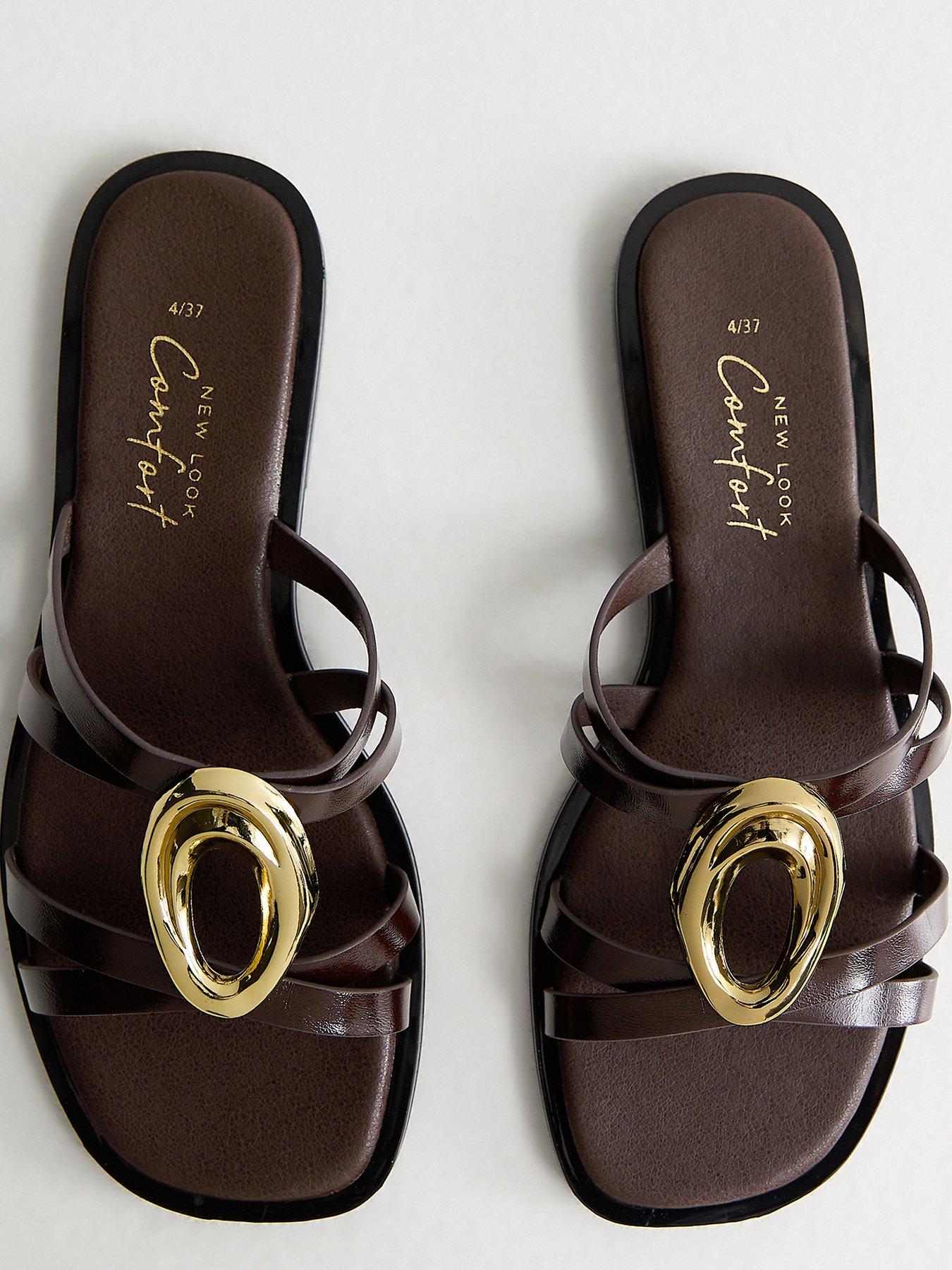 Image 4 of 5 of New Look Gold Abstract Buckle Mule Sandals - Brown