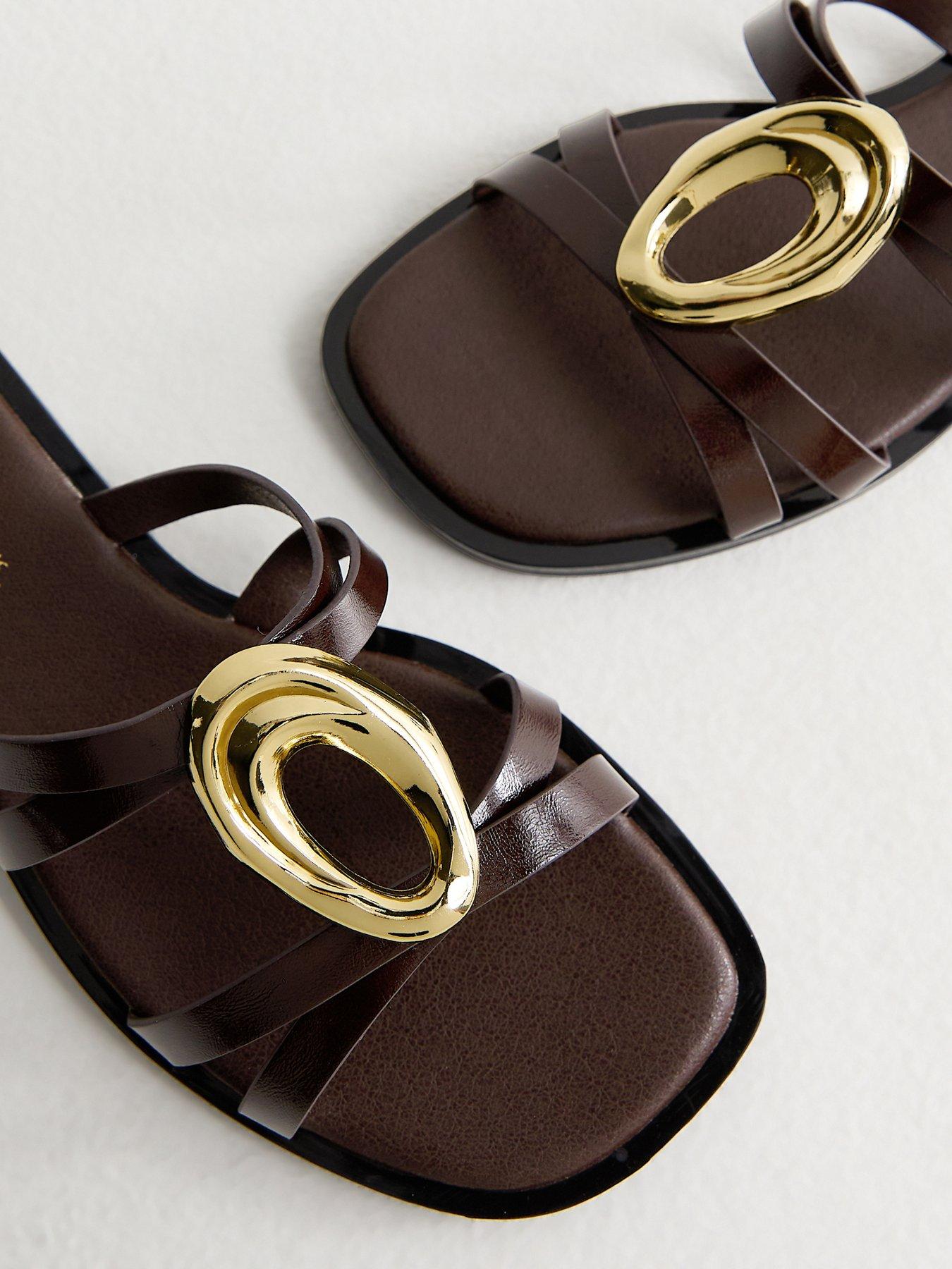 Image 5 of 5 of New Look Gold Abstract Buckle Mule Sandals - Brown