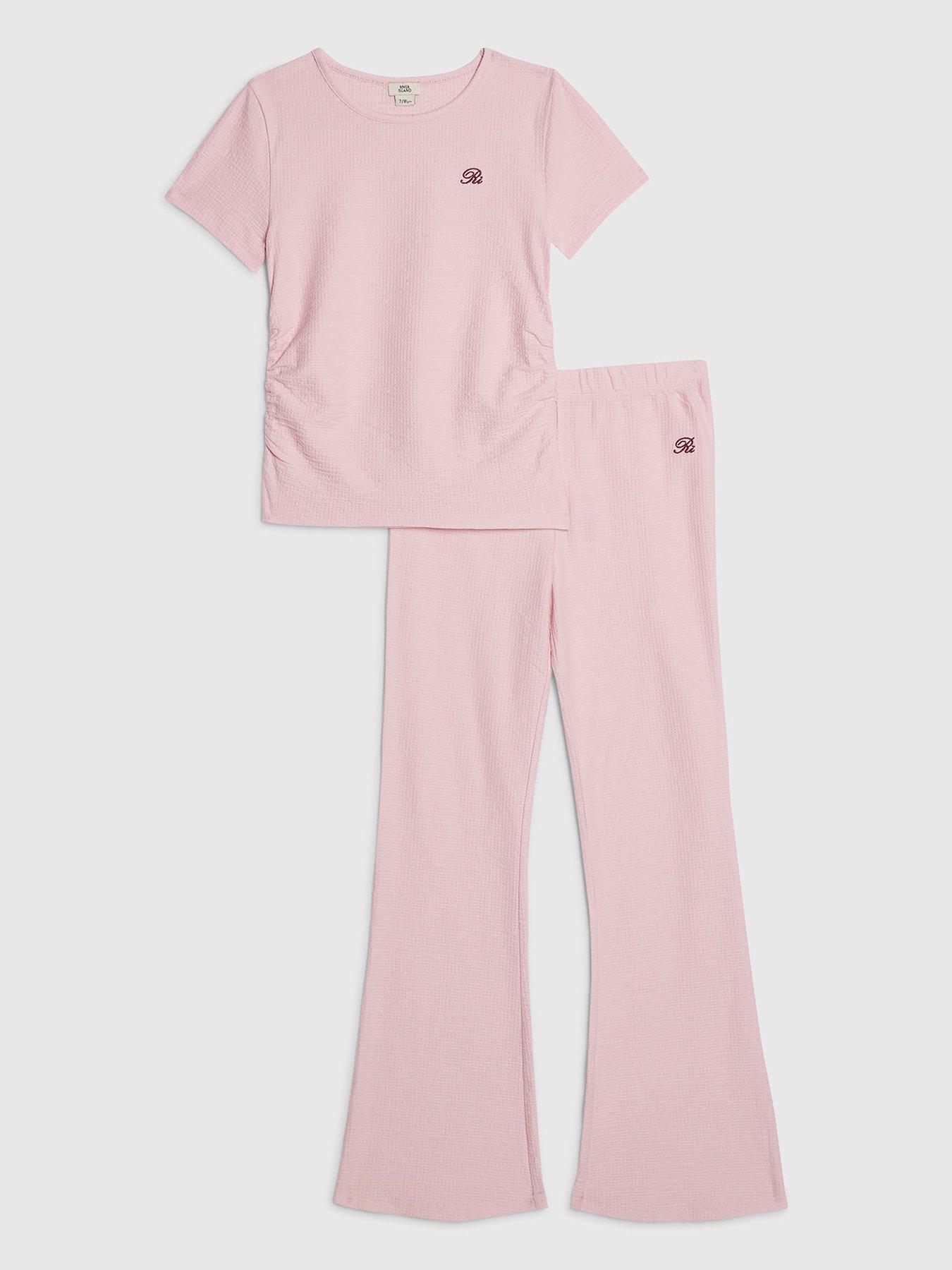 River Island Older Girls Texture Ri T-Shirt And Trousers Set - Pink