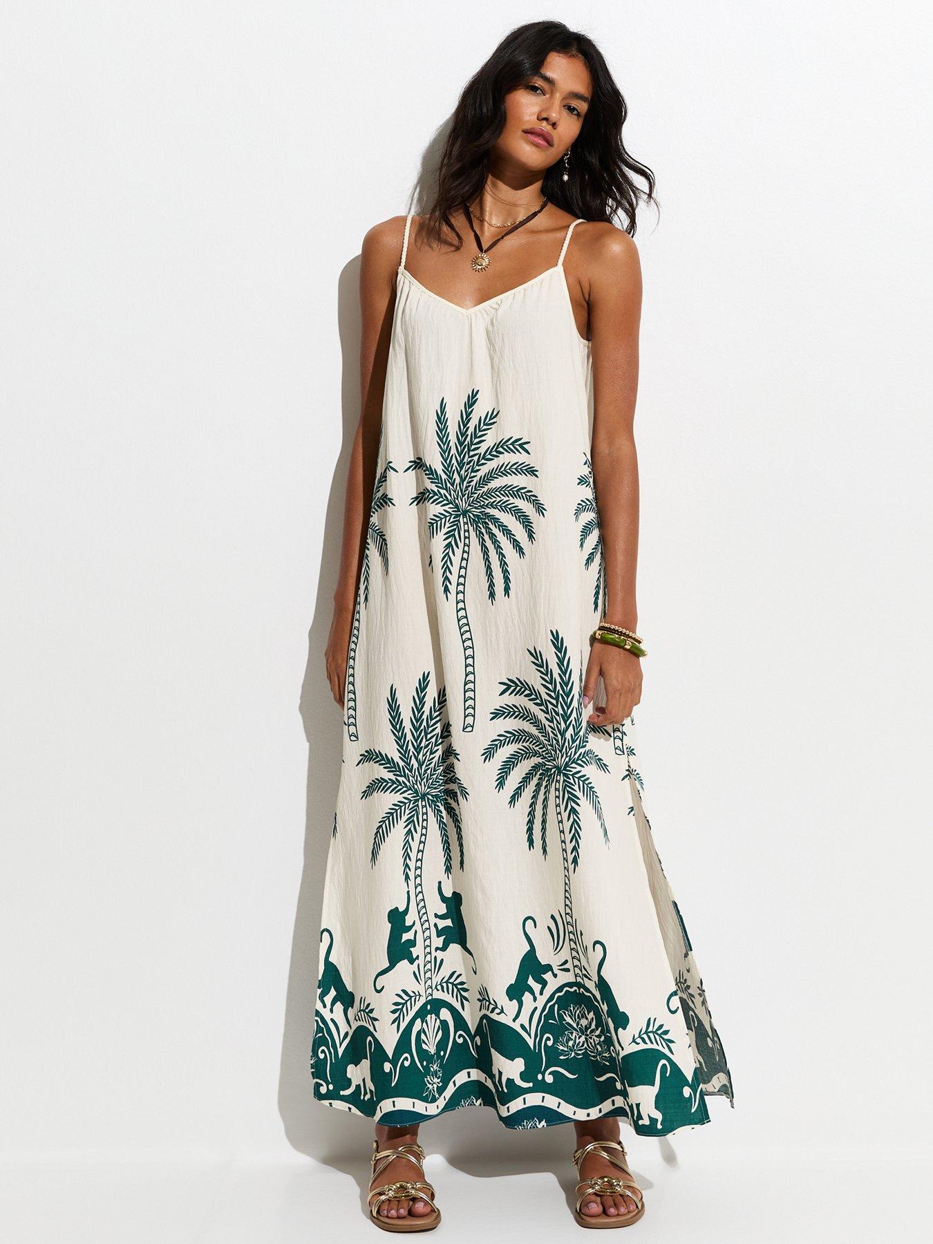 New Look Woven Palm Pattern Beach Maxi Dress - Green