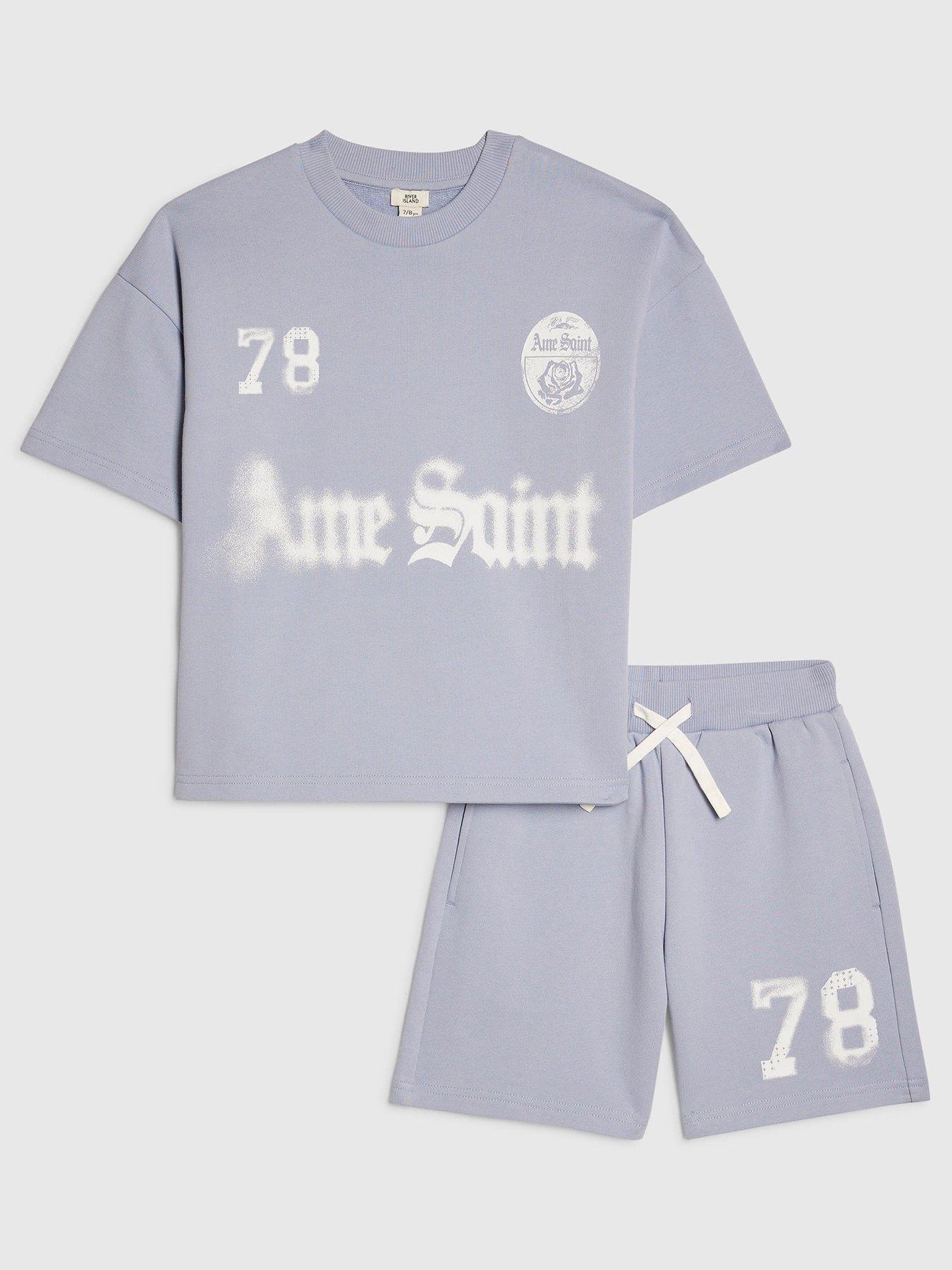 Image 1 of 6 of River Island Older Boys Back Print Ame Saint 78 T-Shirt &amp; Shorts Set - Blue