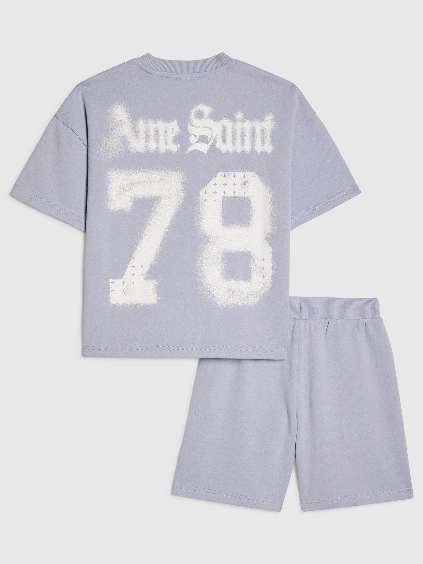 Image 2 of 6 of River Island Older Boys Back Print Ame Saint 78 T-Shirt &amp; Shorts Set - Blue