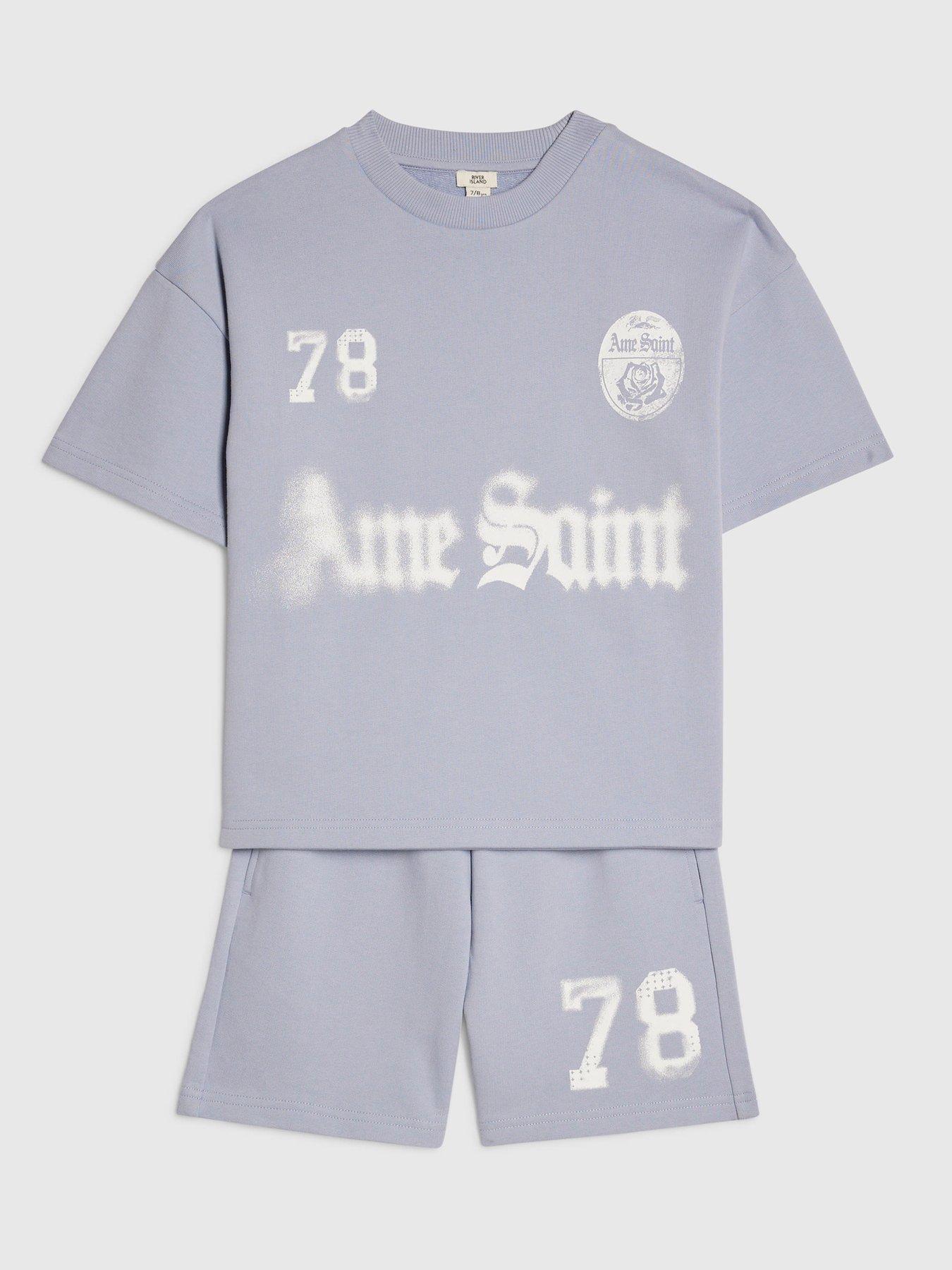 Image 3 of 6 of River Island Older Boys Back Print Ame Saint 78 T-Shirt &amp; Shorts Set - Blue