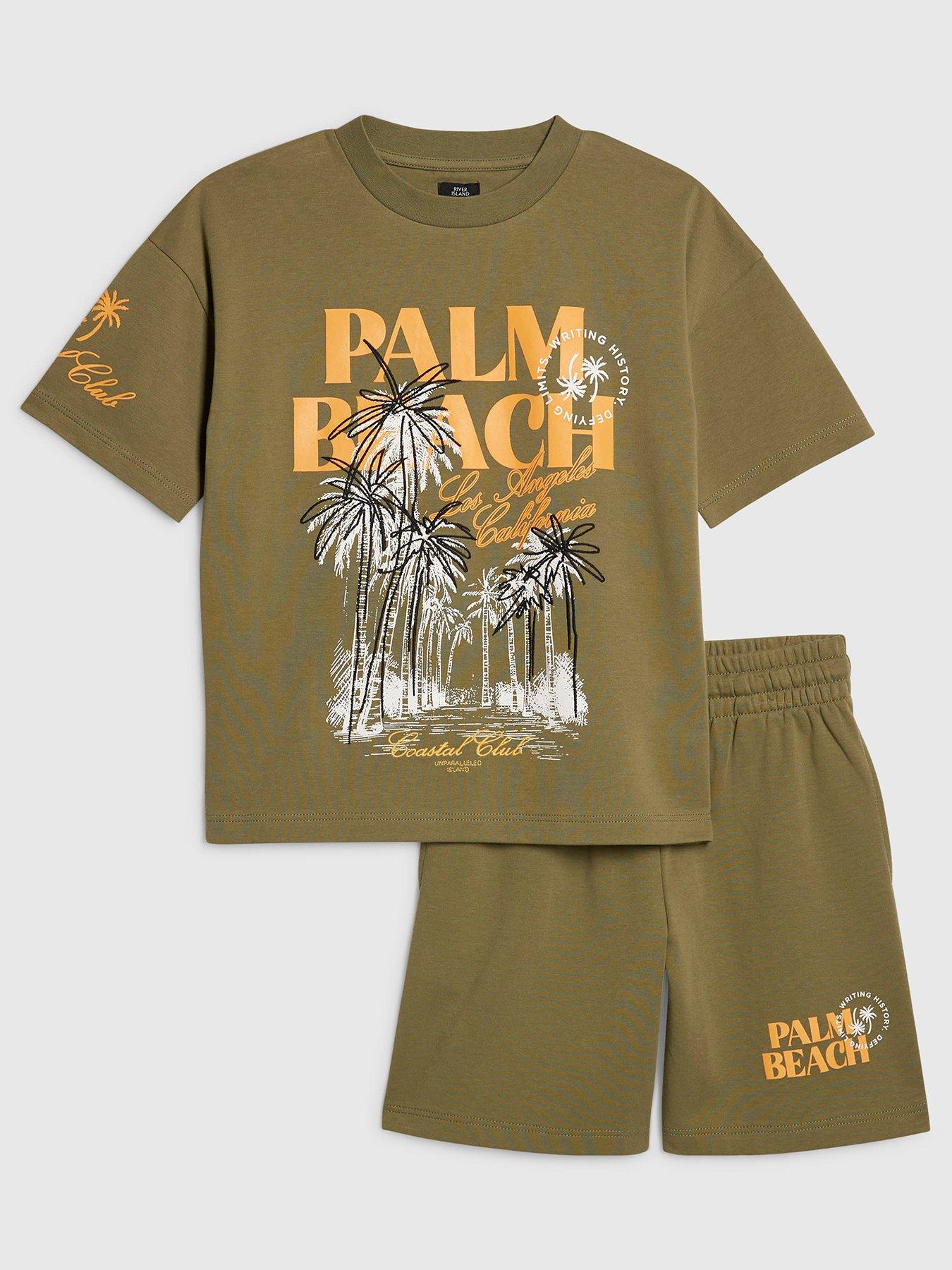 River Island Older Boys Palm Beach Back Print T-Shirt  &  Shorts Set - Khaki