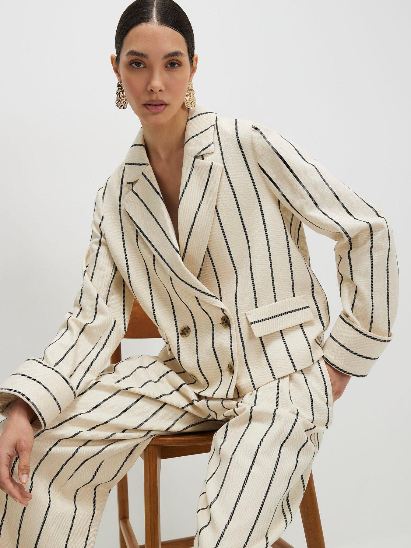 River Island Mid Slv Stripe Cotton Blazer - Cream