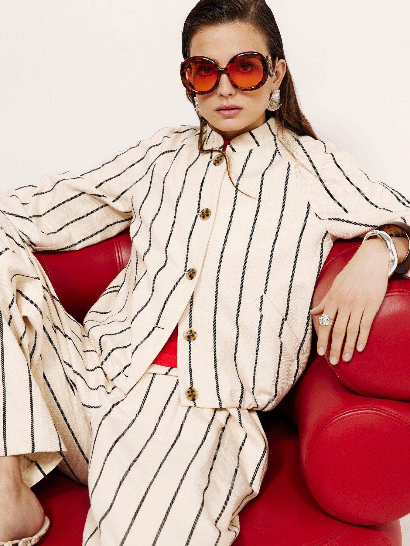 River Island Long Sleeve Stripe Cotton Bomber - Cream