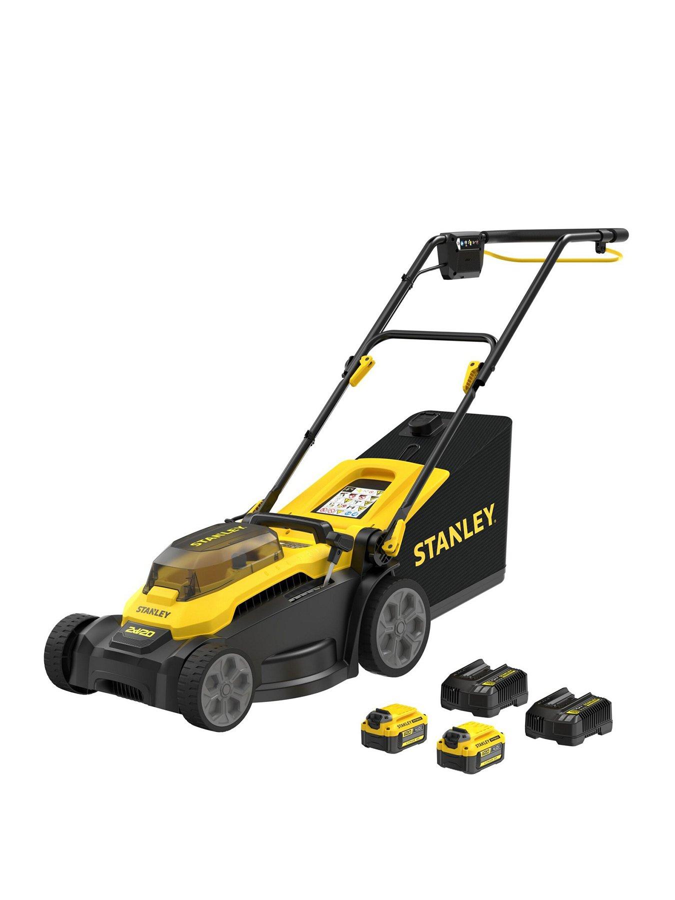 Stanley FatMax SCMWP3701M2-GB 18V V20 37cm Walk-Behind Cordless Mower Kit - Brushless 2 x 4Ah Batteries, 2 Chargers, 45L Collection Bag