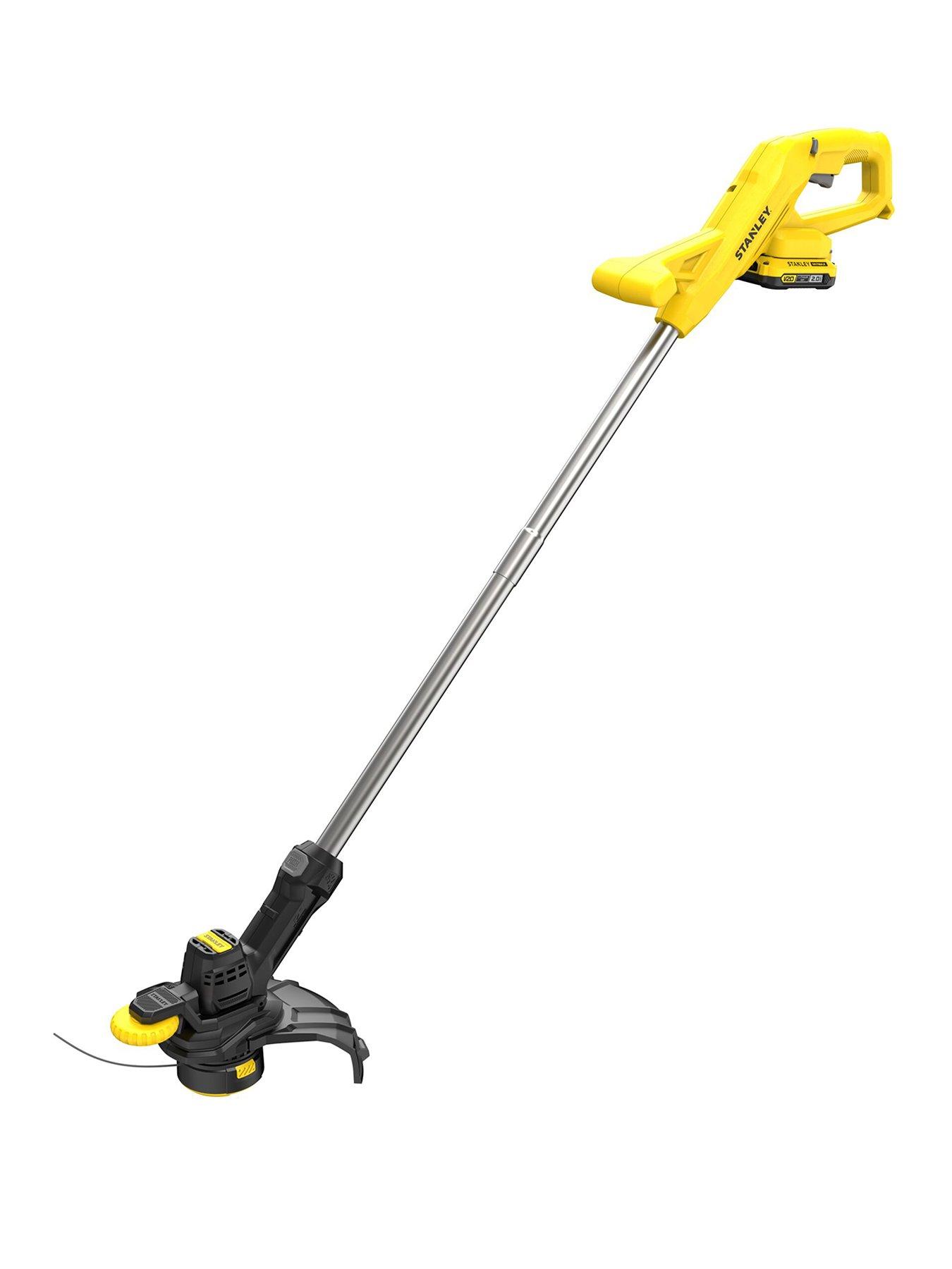 front image of stanley-fatmax-sfmcst925m1-gb-18v-v20-25cm-string-trimmer-kit-20ah-battery-charger-edging-guide-wheel