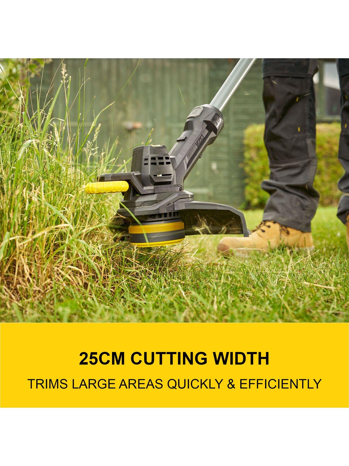  image of stanley-fatmax-sfmcst925m1-gb-18v-v20-25cm-string-trimmer-kit-20ah-battery-charger-edging-guide-wheel