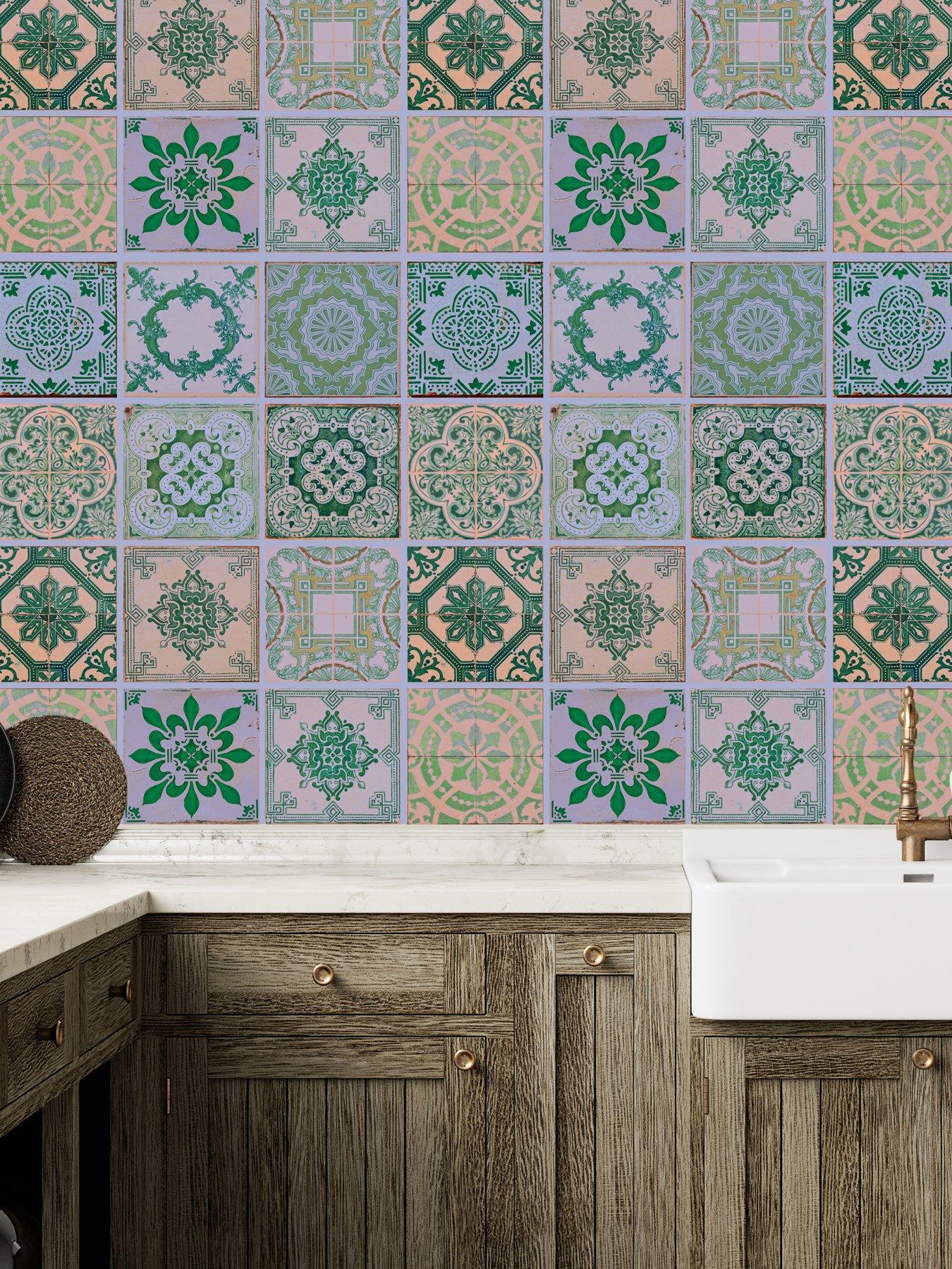 Walplus Vintage Green Antique Azulejo Wall Tile Sticker Set - 15 X 15 Cm (6 X 6 In) - 24 Pcs