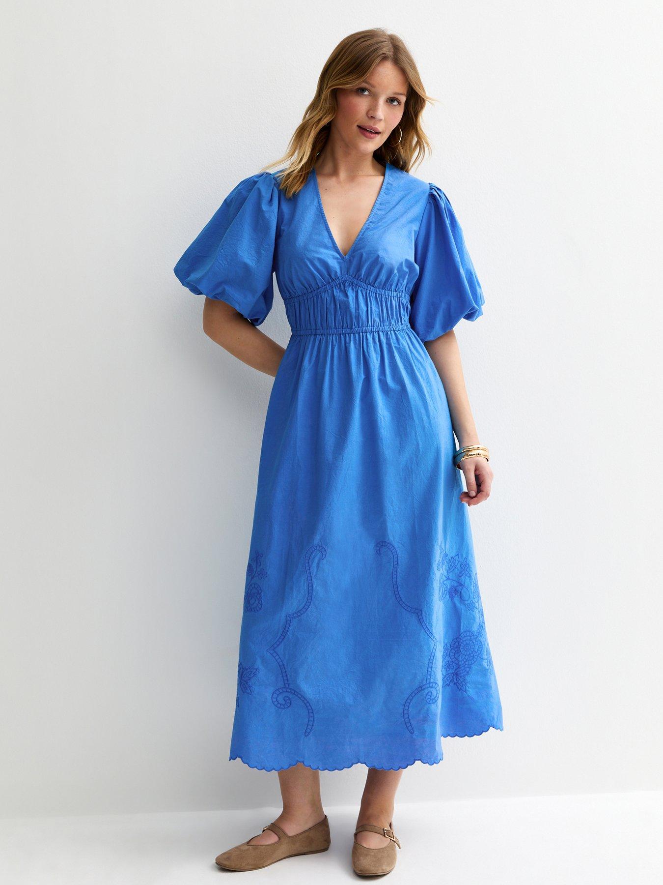 New Look Cally Cutwork V-Neck Midi Dress - Blue