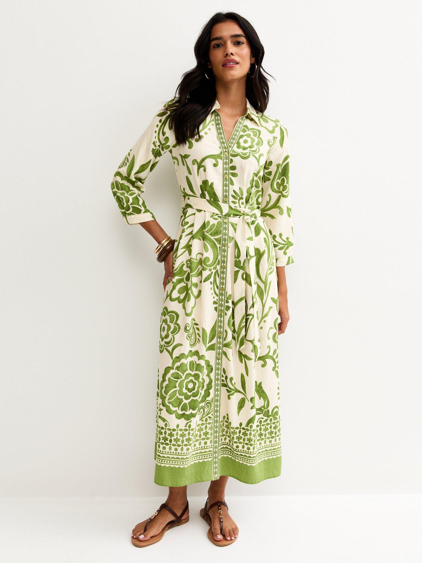 New Look Floral Border Tile Print Midi Shirt Dress - Green