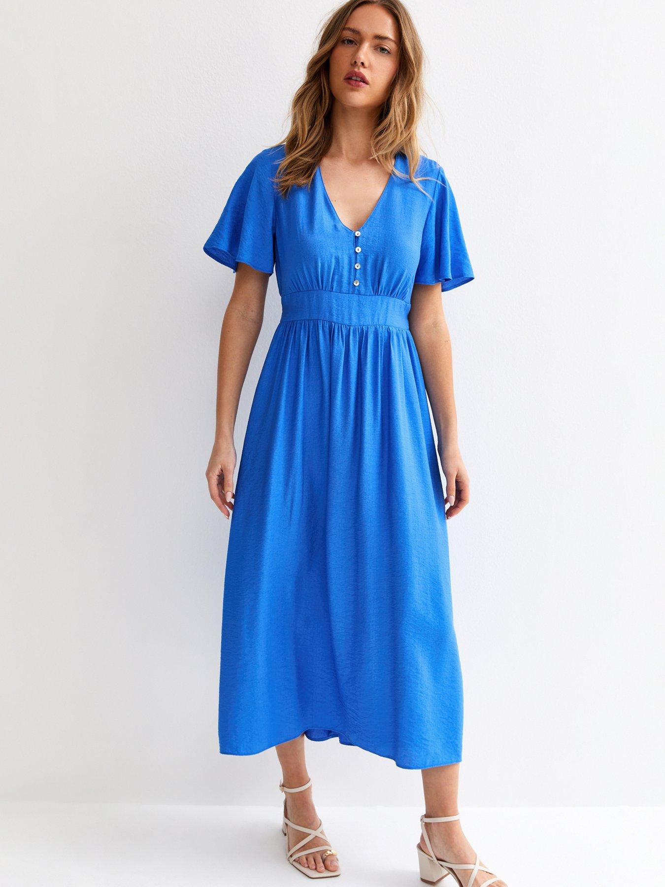 New Look Frill Sleeve V Neck Midi Dress - Blue