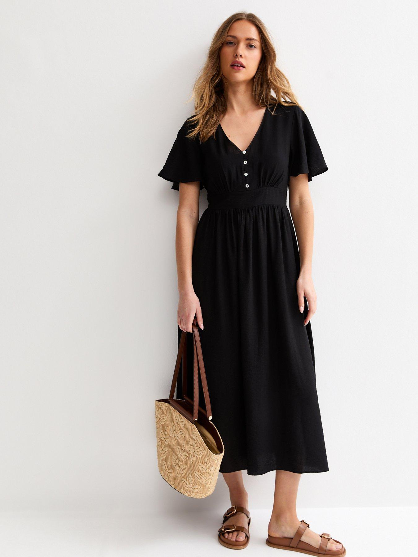 New Look Black Frill Sleeve V Neck Midi Dress