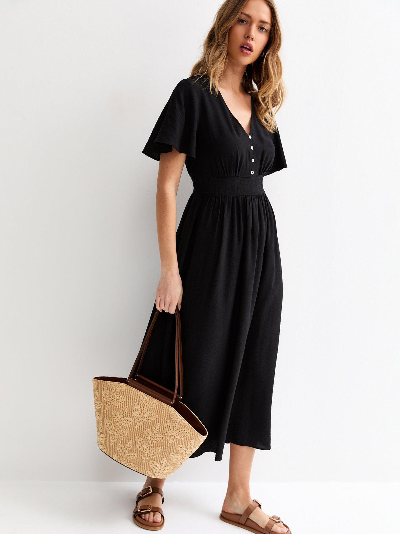 Image 3 of 5 of New Look Frill Sleeve V Neck Midi Dress - Black