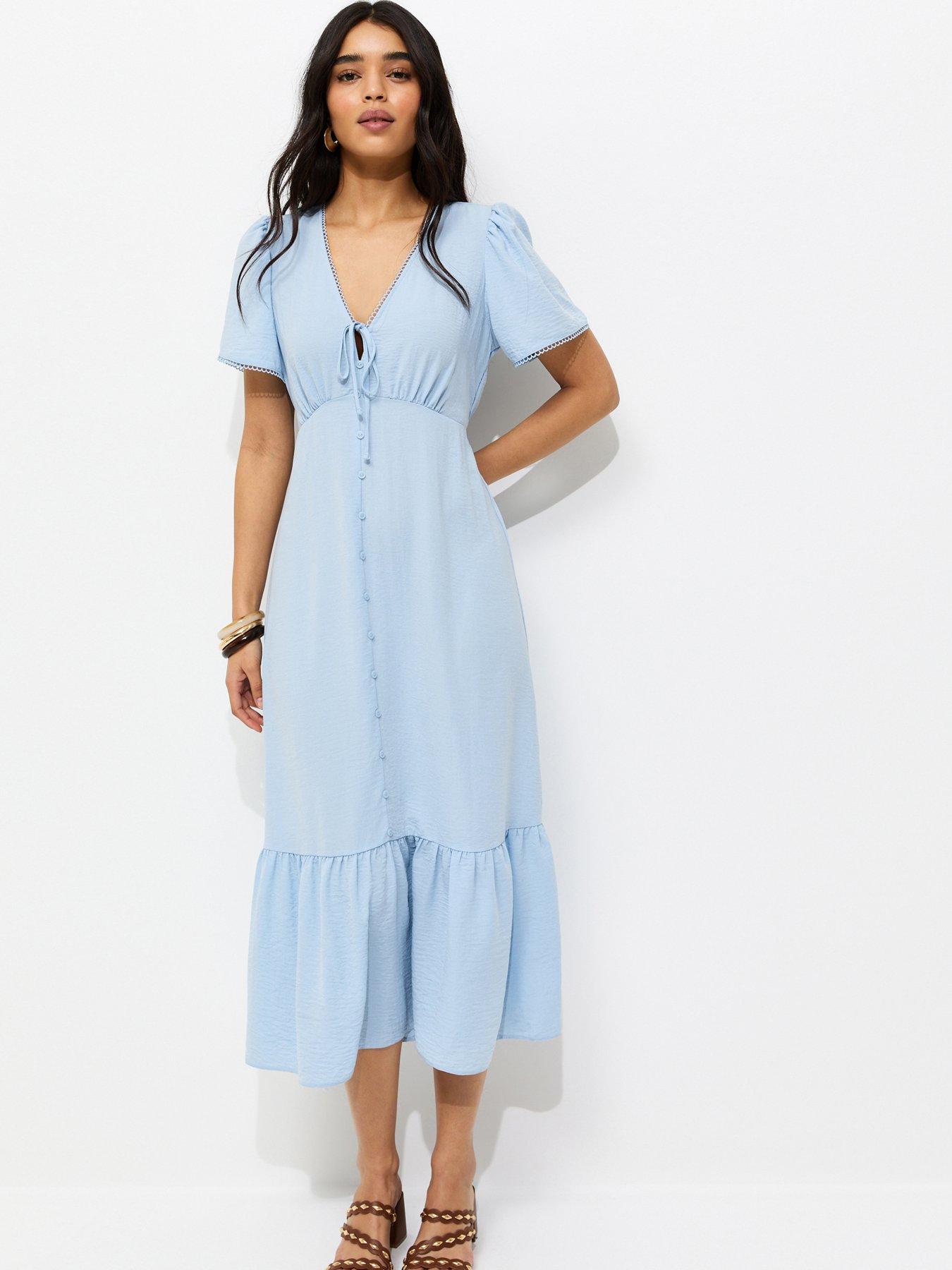Image 1 of 5 of New Look Button Through Tea Midi Dress - Light Blue
