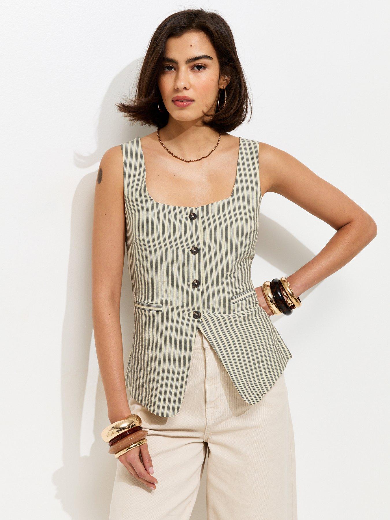 Image 1 of 5 of New Look Striped Button Front Waistcoat - Cream
