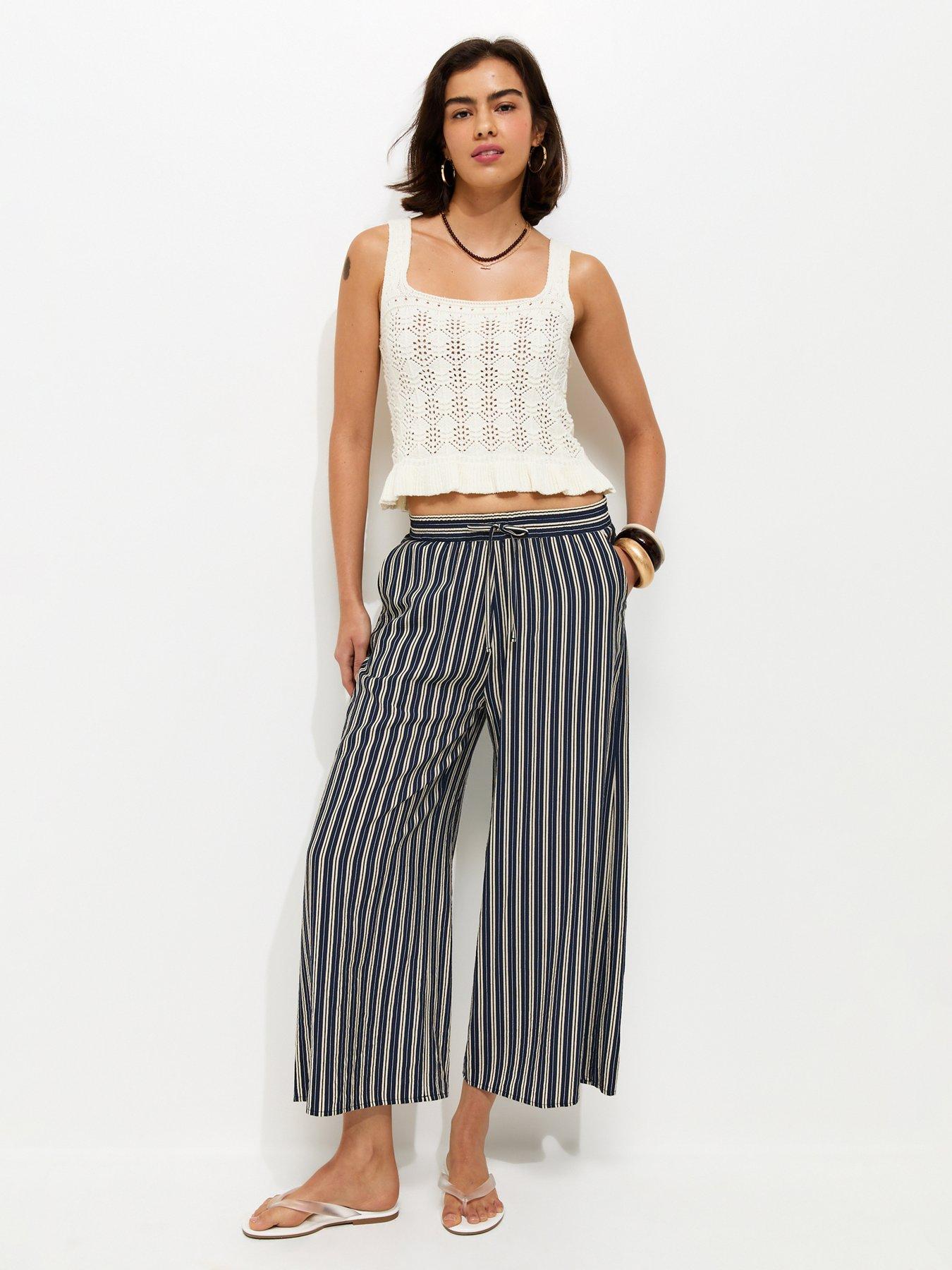 New Look Striped Wide Leg Cropped Trousers - Blue