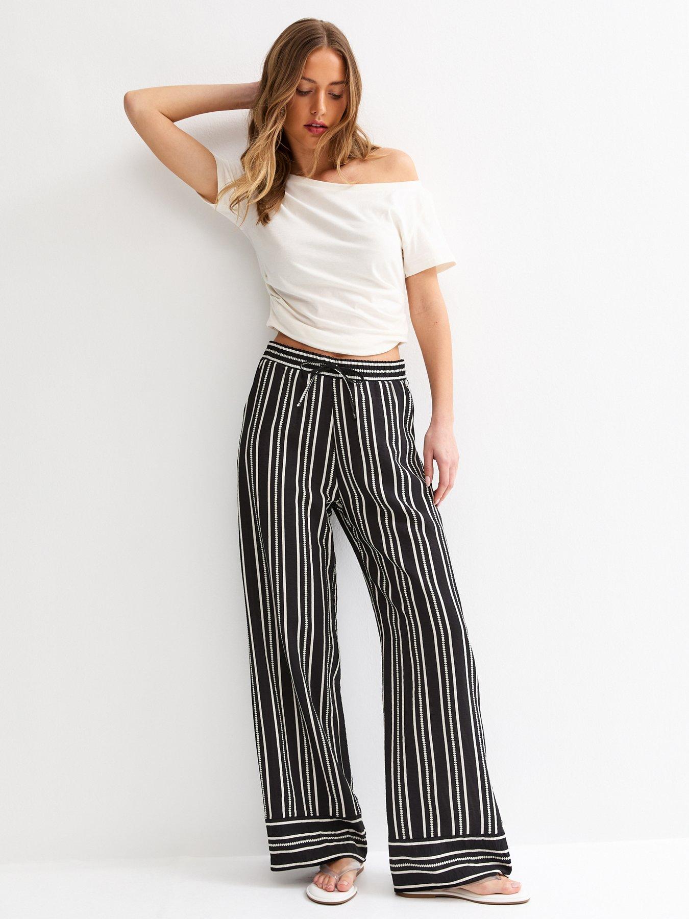 New Look Striped Tie Waist Wide Leg Trousers - Black