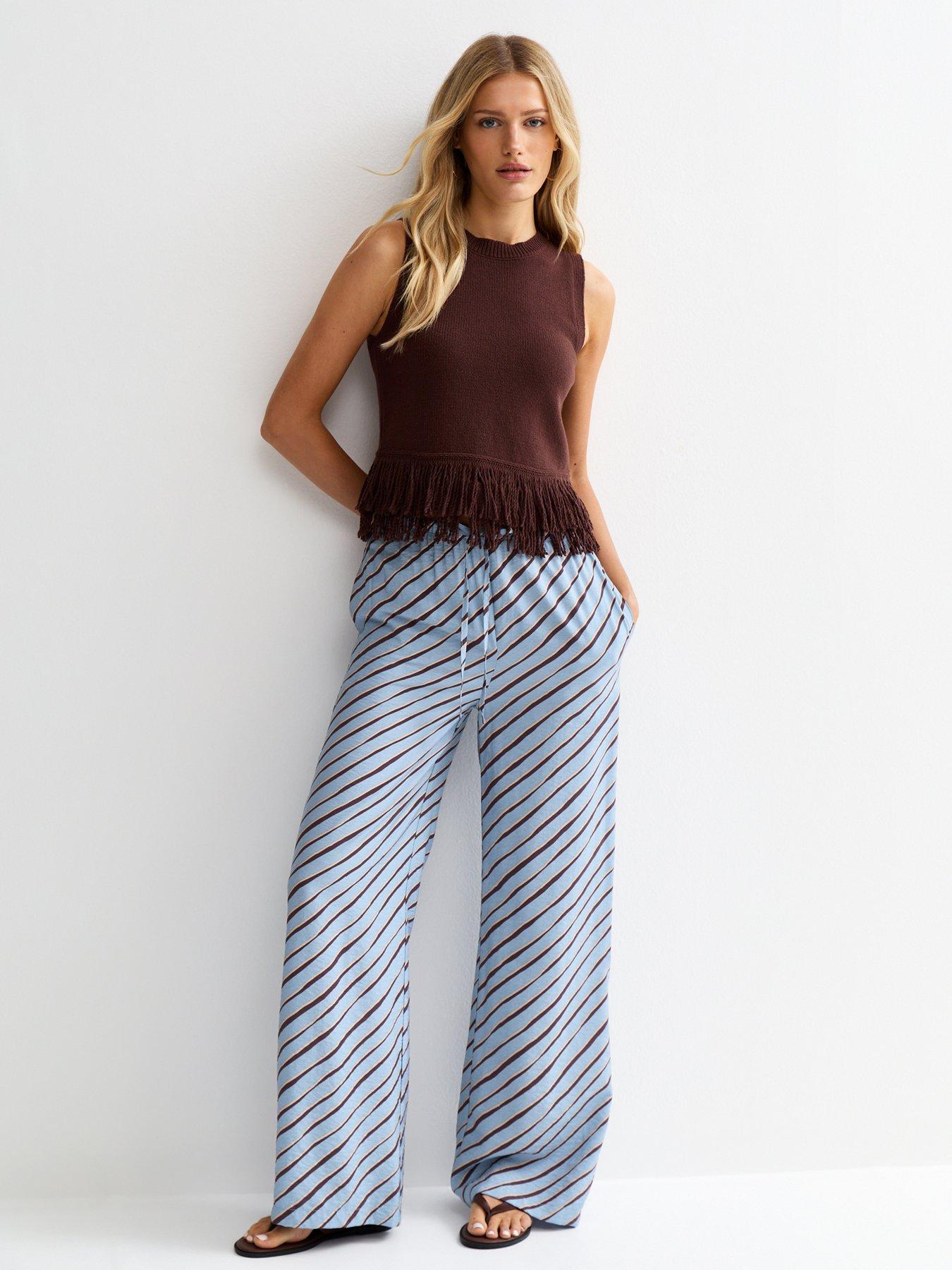 New Look Diagonal Stripe Wide Leg Trousers - Light Blue