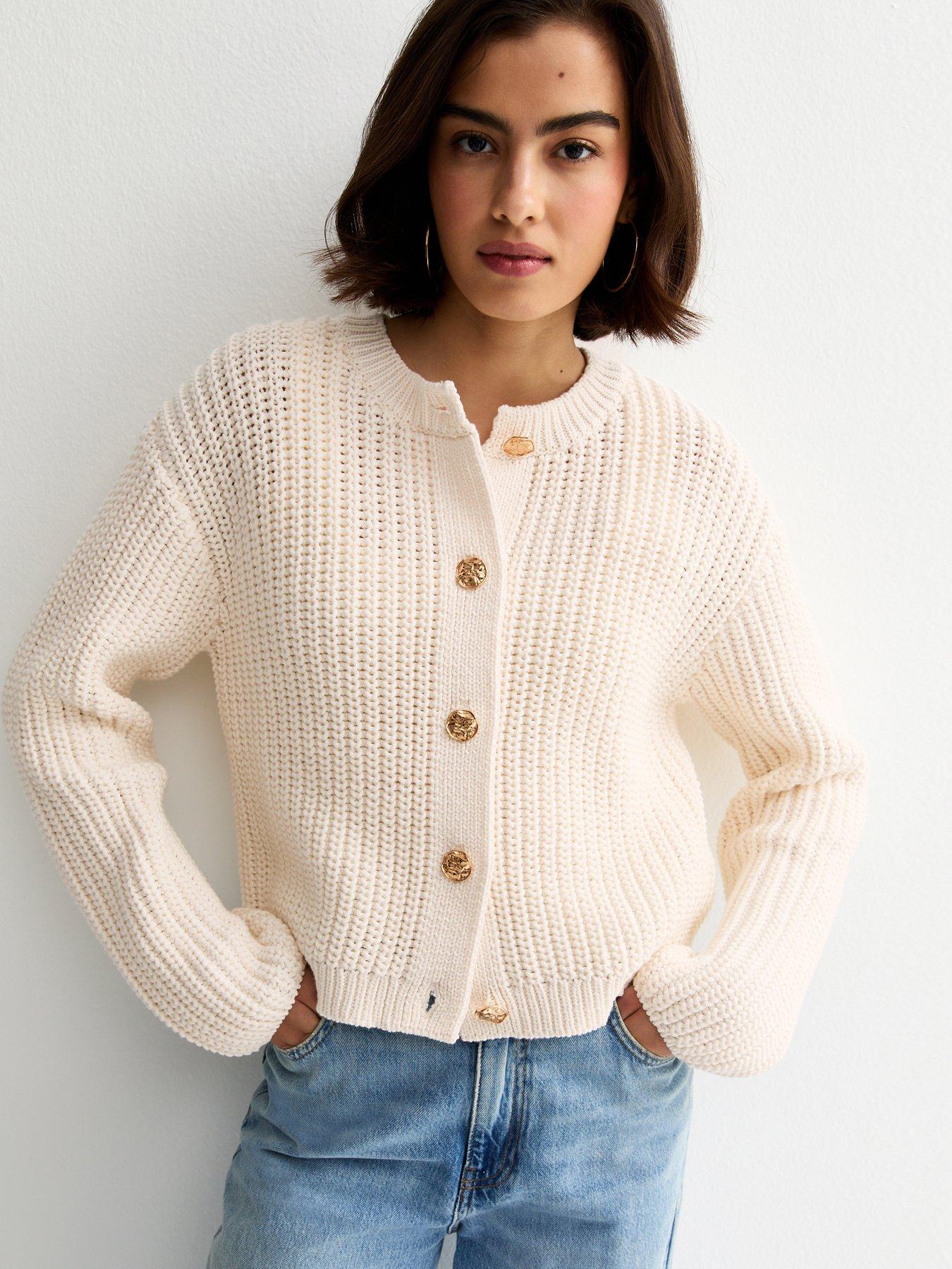 New Look Hammered Button Cotton Rich Chunky Knit Cardigan - Cream