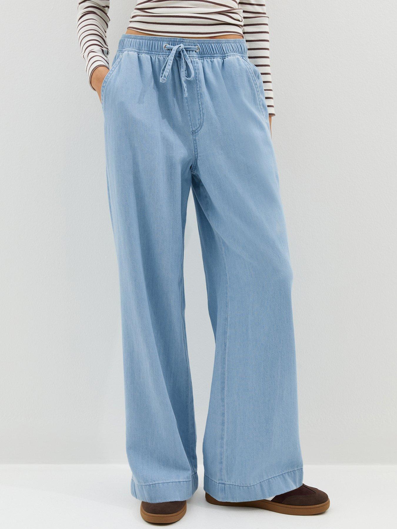 New Look Denim Drawstring Wide Leg Trousers - Light Blue