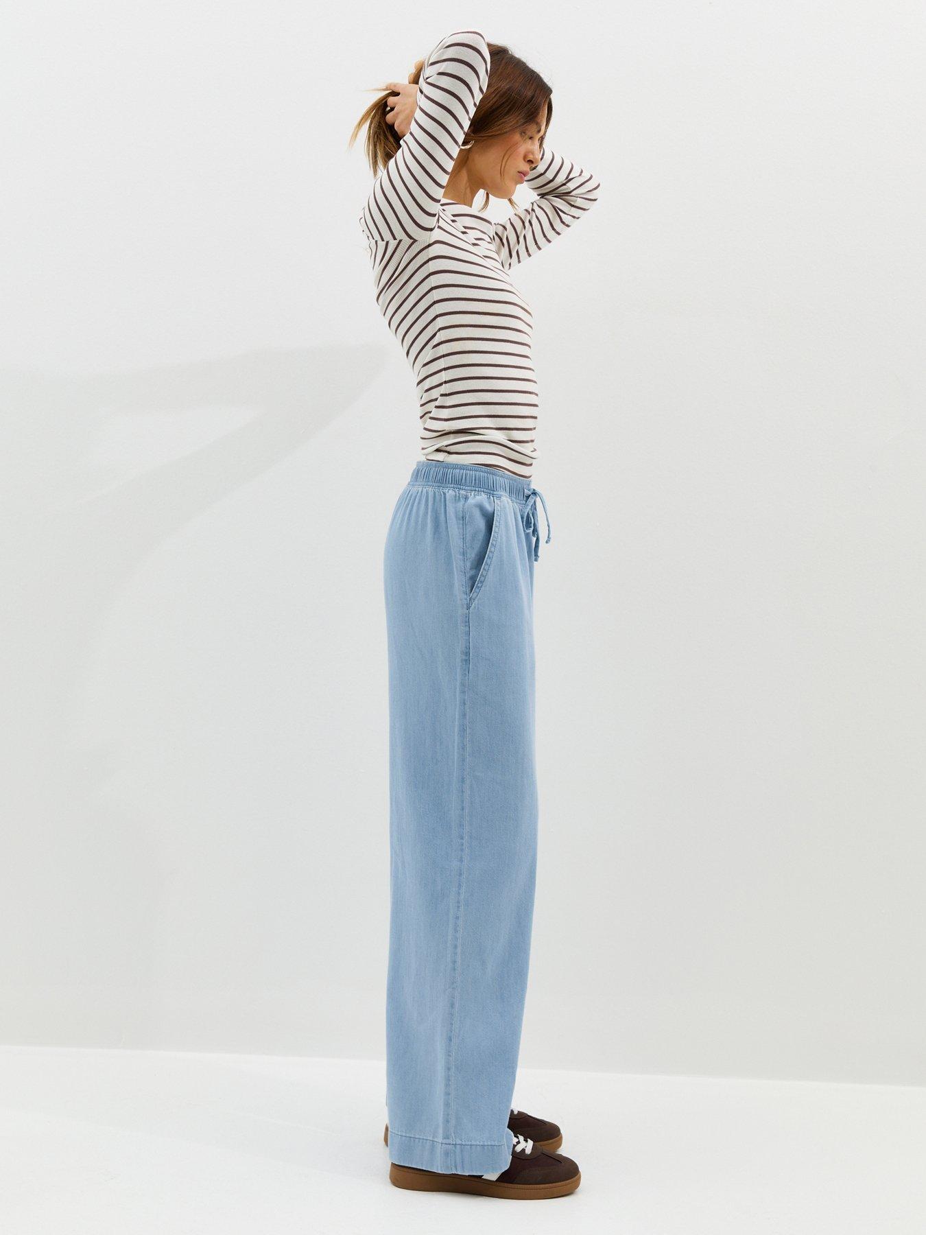 Image 4 of 7 of New Look Denim Drawstring Wide Leg Trousers - Light Blue