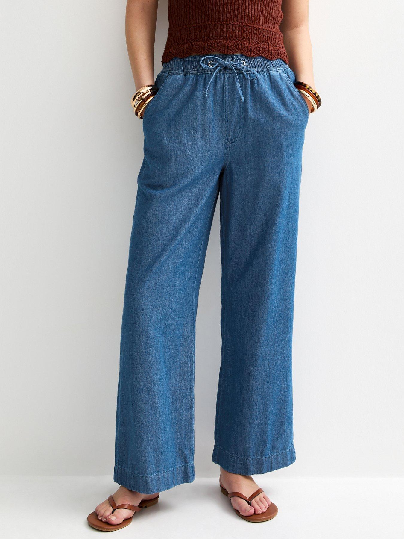  image of new-look-denim-drawstring-wide-leg-trousers-blue