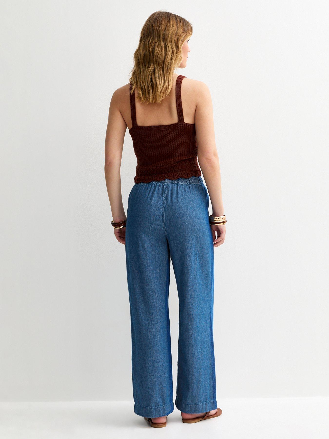  image of new-look-denim-drawstring-wide-leg-trousers-blue