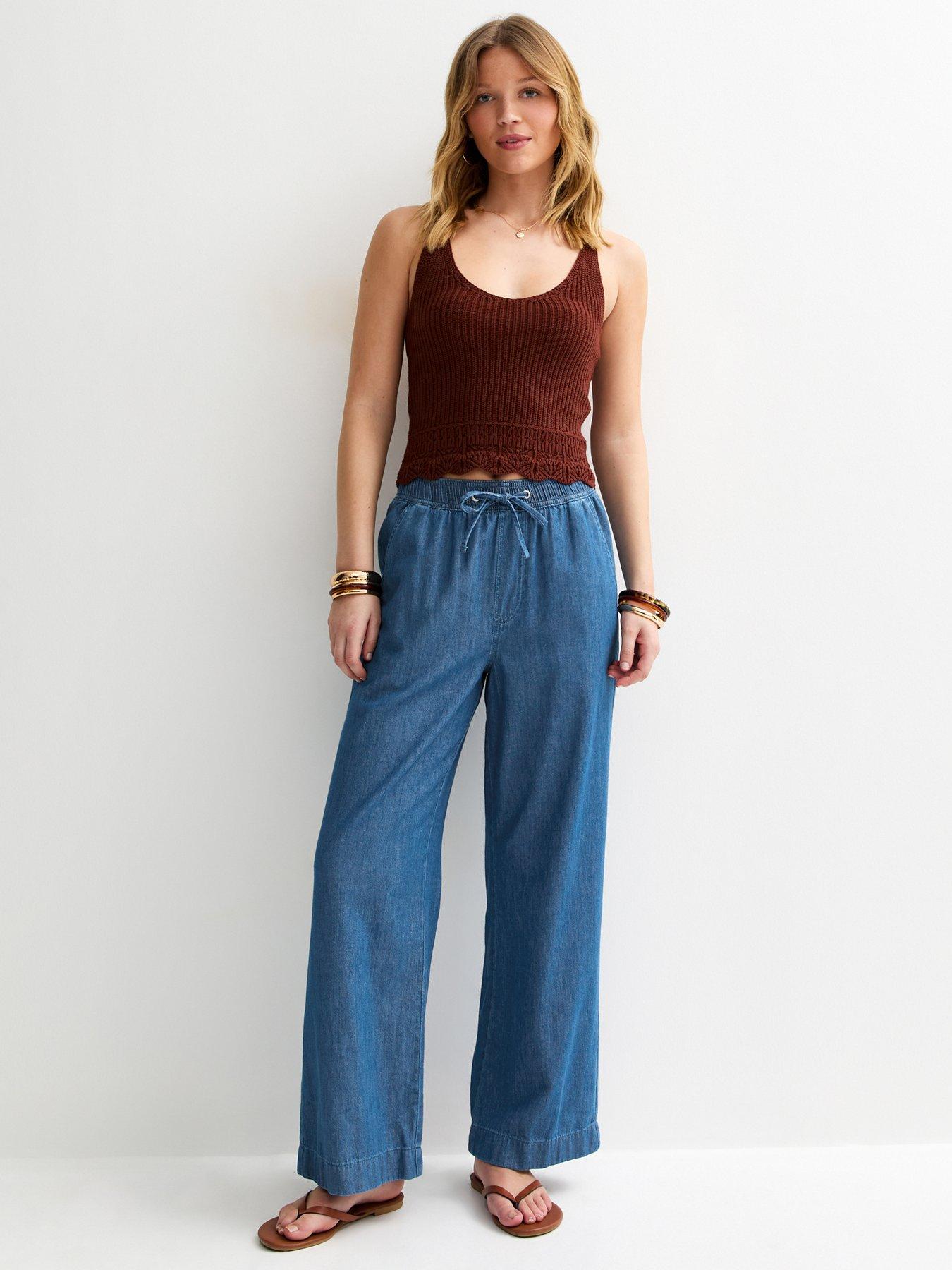  image of new-look-denim-drawstring-wide-leg-trousers-blue