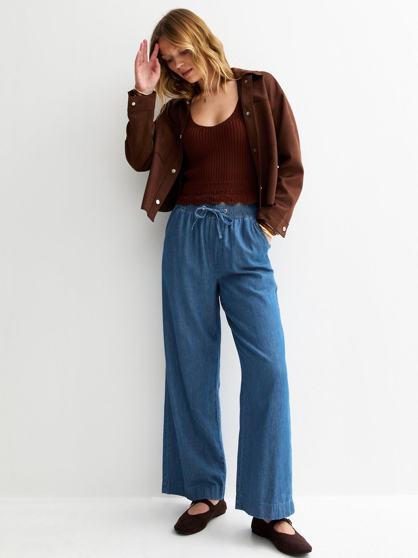  image of new-look-denim-drawstring-wide-leg-trousers-blue