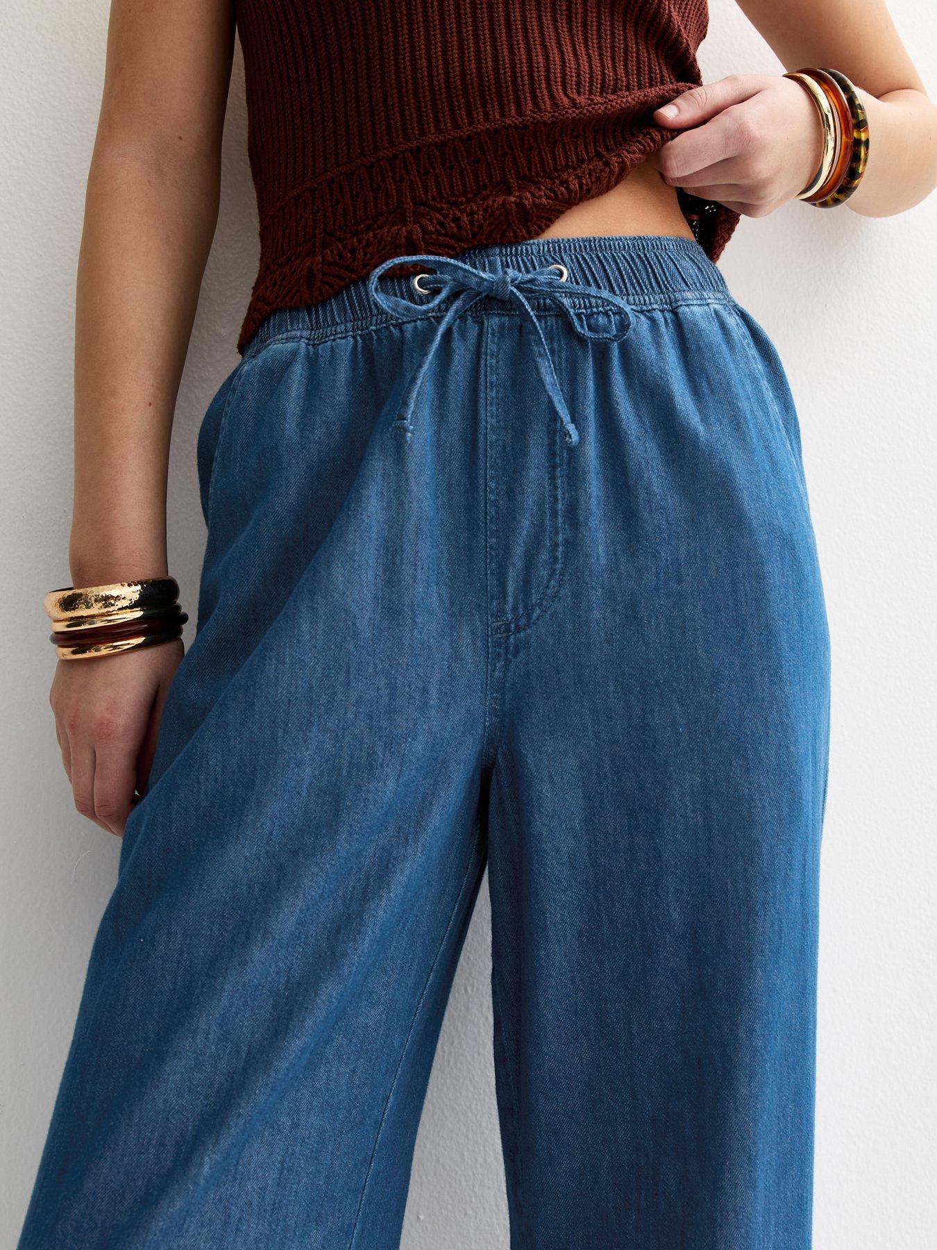  image of new-look-denim-drawstring-wide-leg-trousers-blue