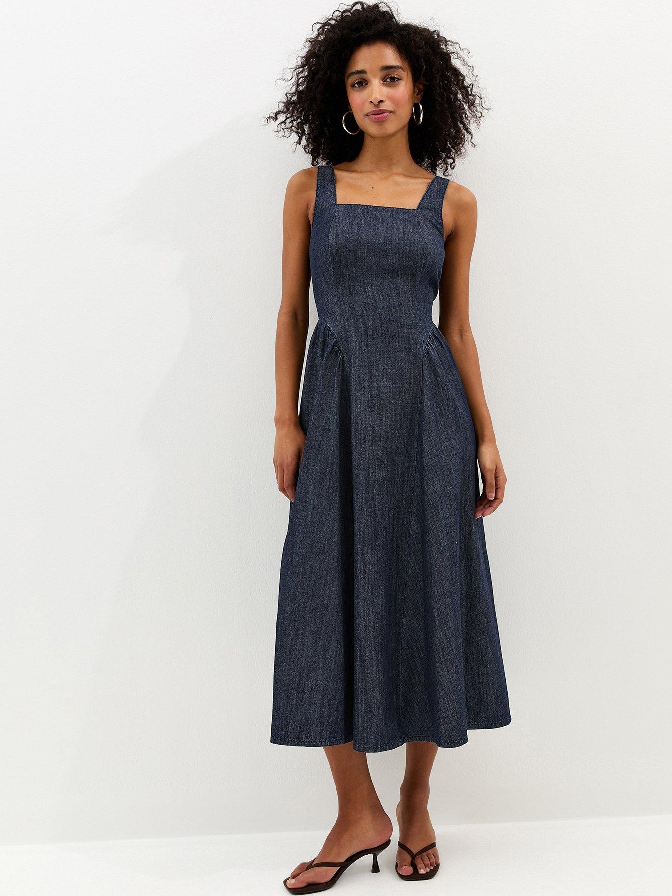 New Look Navy Denim Square Neck Midi Dress - Blue