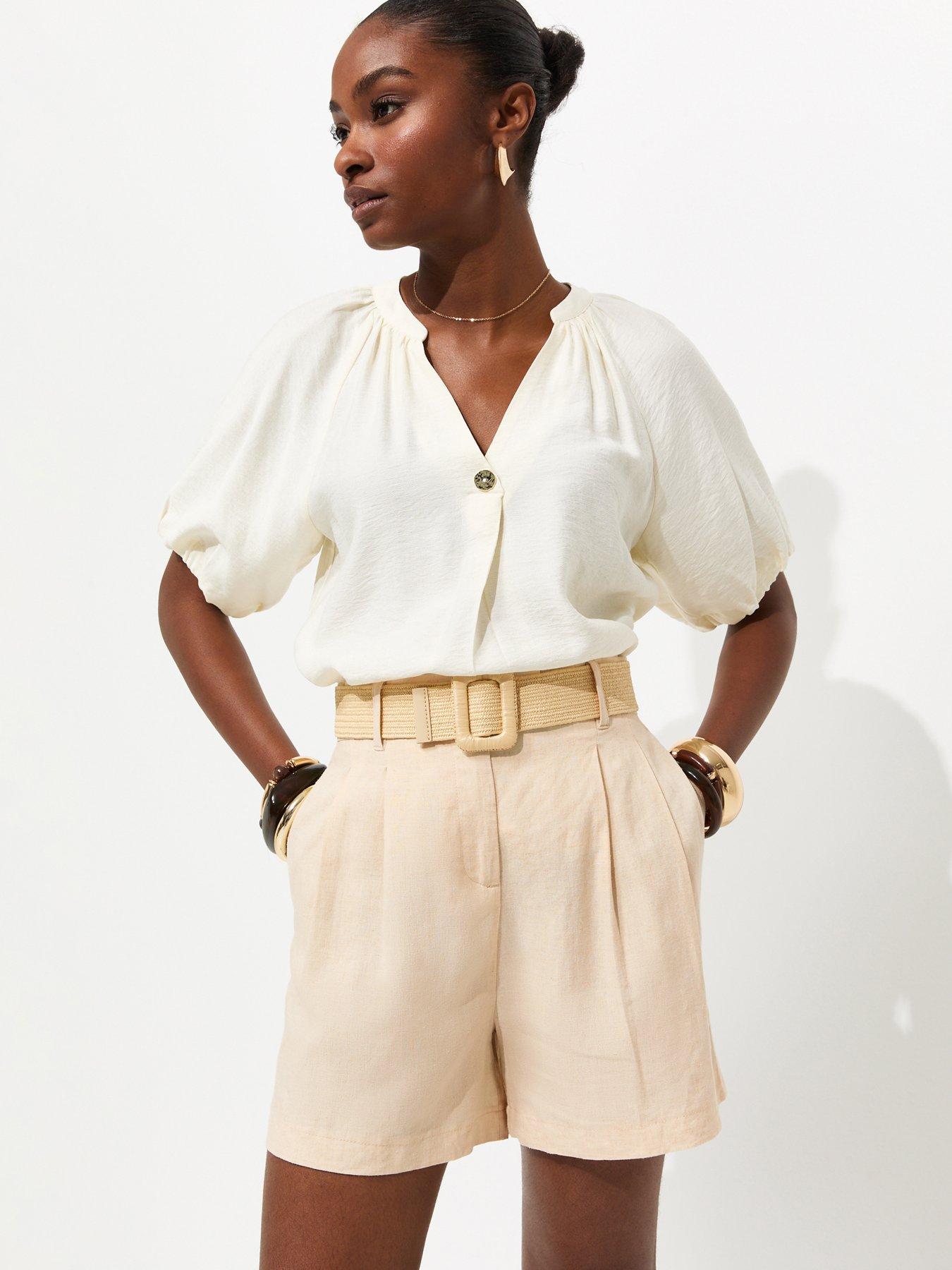 New Look Linen Blend Belted Shorts - Stone