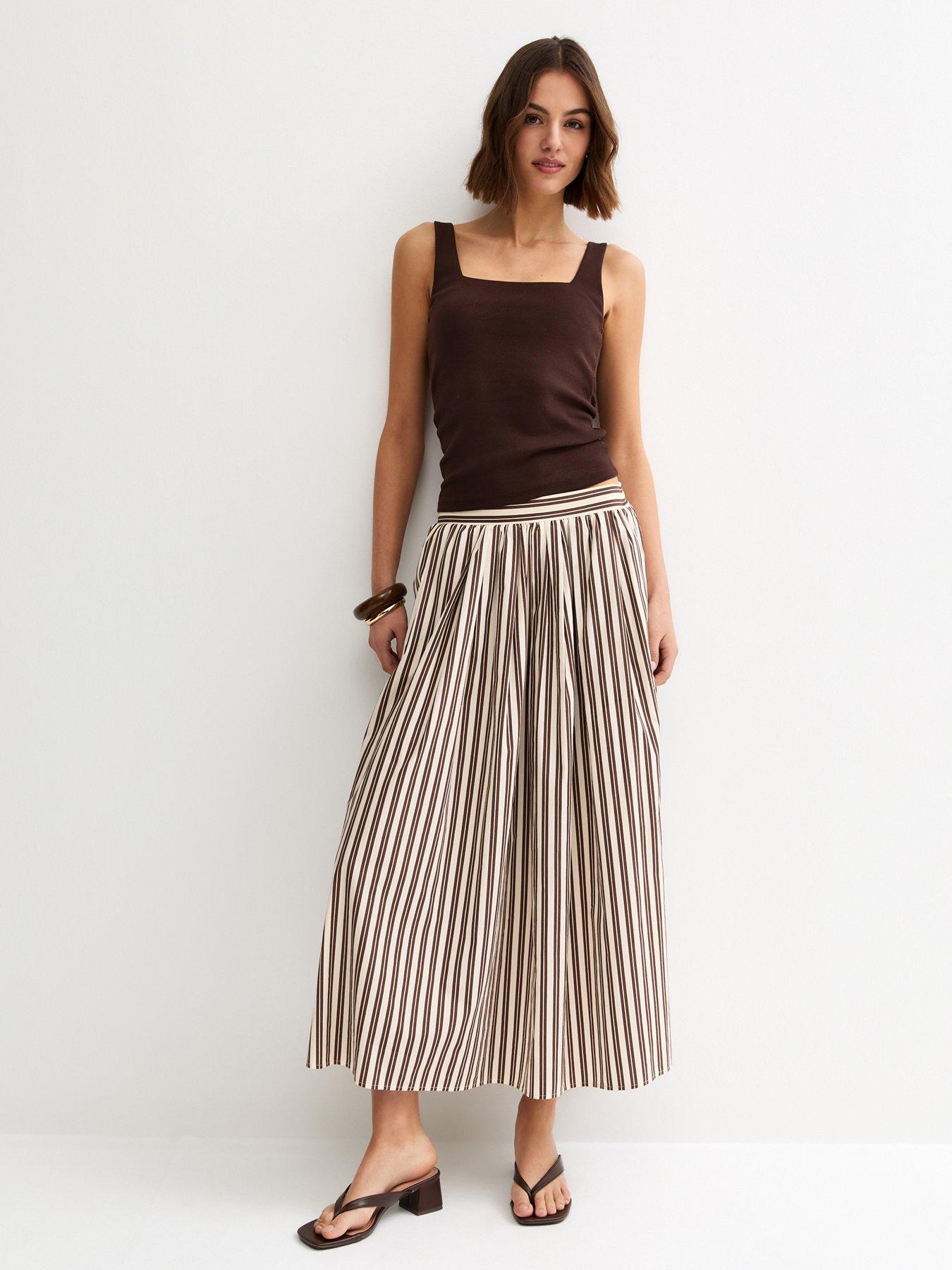 New Look Cotton Poplin Striped Midi Skirt - Brown