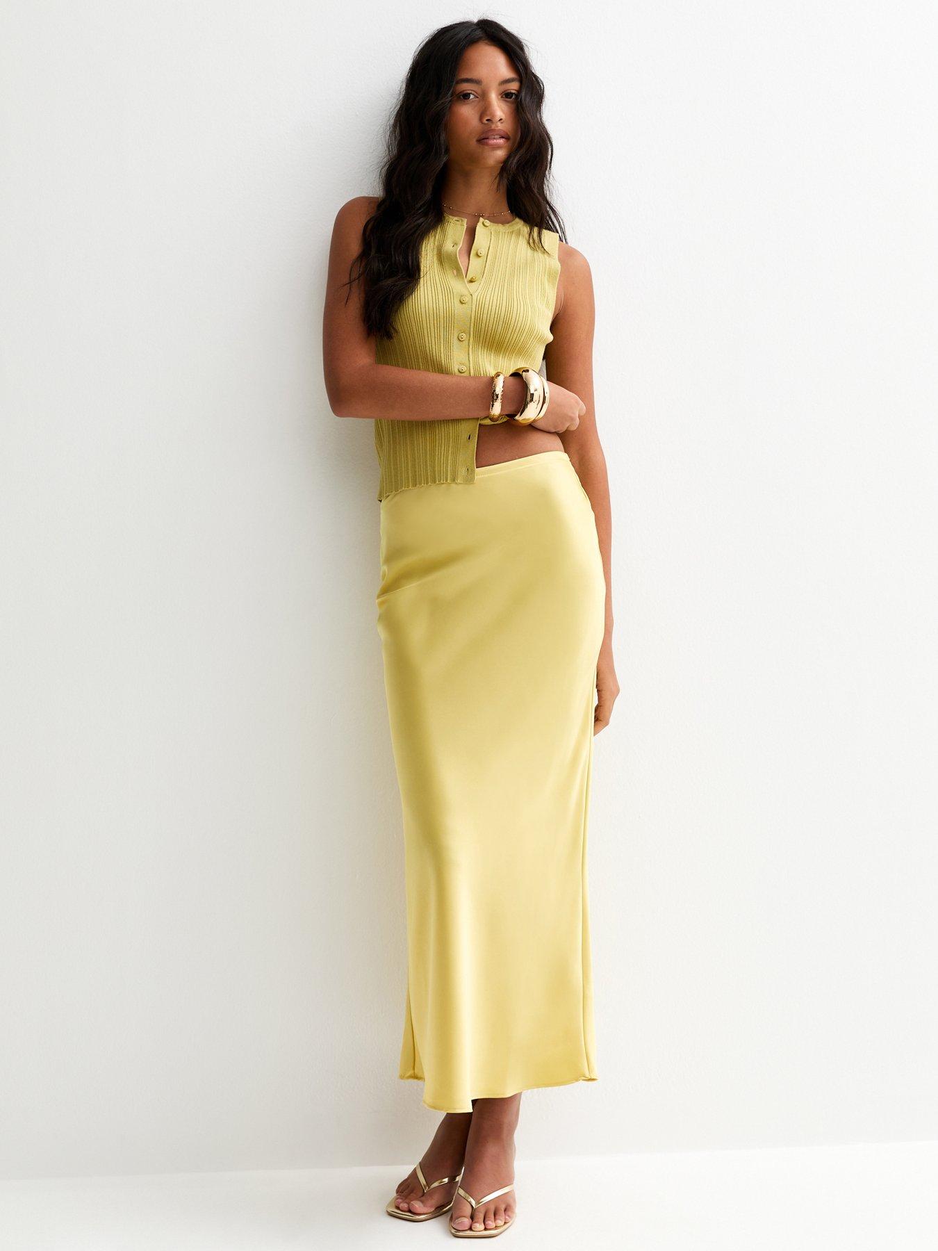 New Look Satin Bias Cut Midi Skirt - Yellow