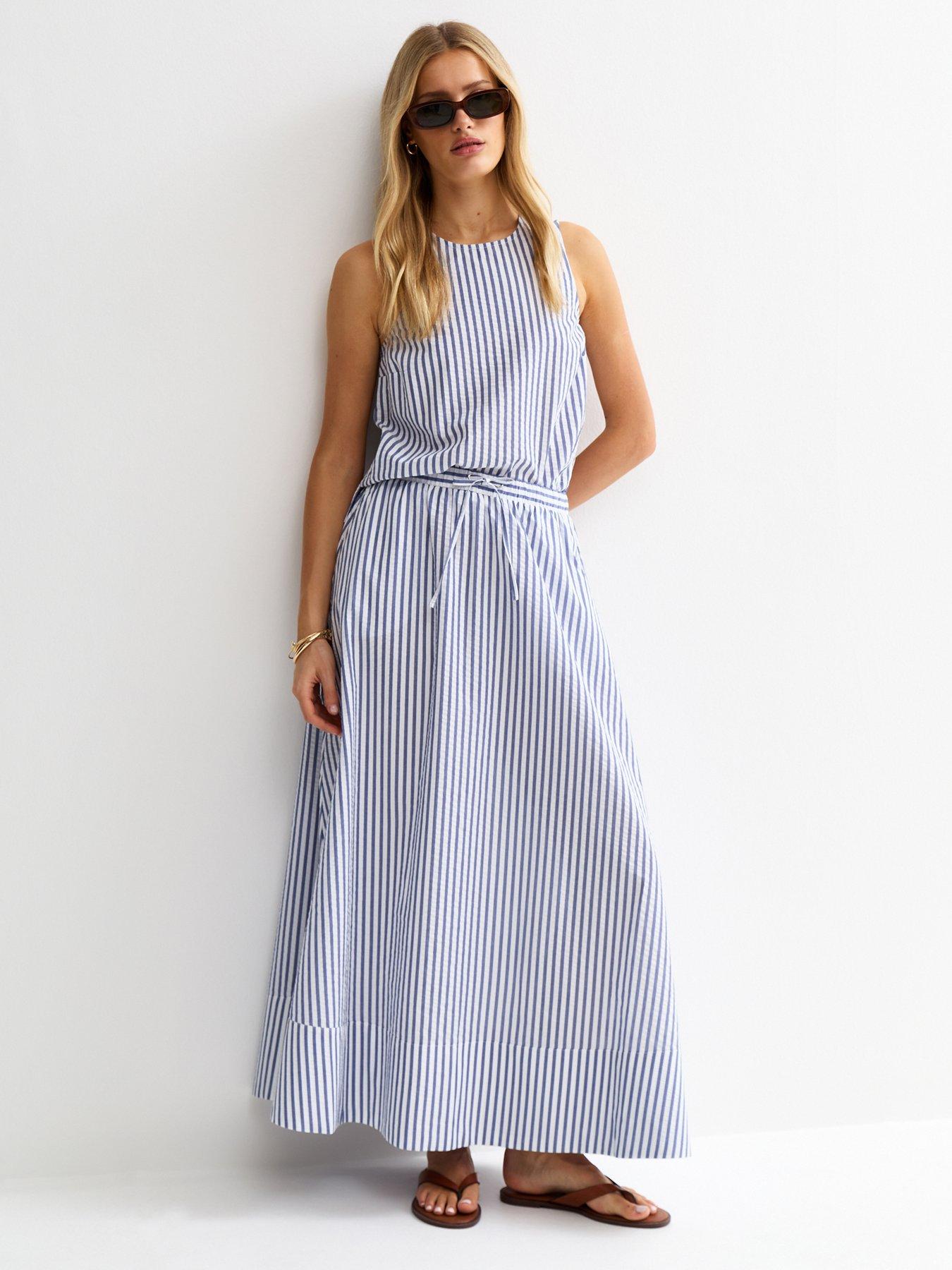 Image 1 of 5 of New Look Striped Cotton Seersucker Circle Maxi Skirt - Blue