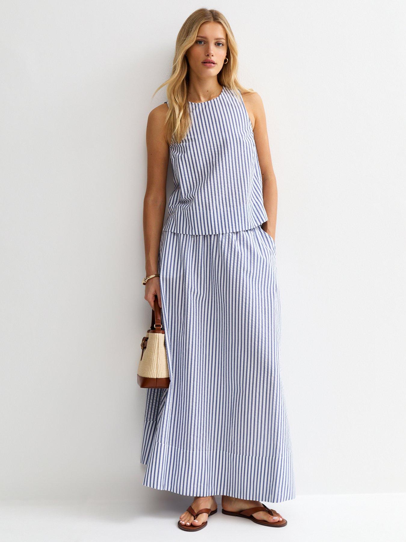 Image 3 of 5 of New Look Striped Cotton Seersucker Circle Maxi Skirt - Blue