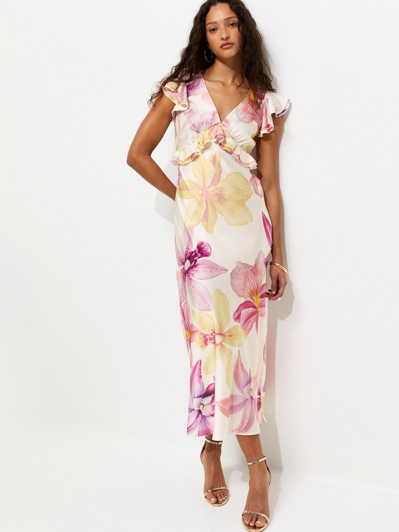 New Look Satin Orchid Print Flutter Sleeve Midi Dress - Cream