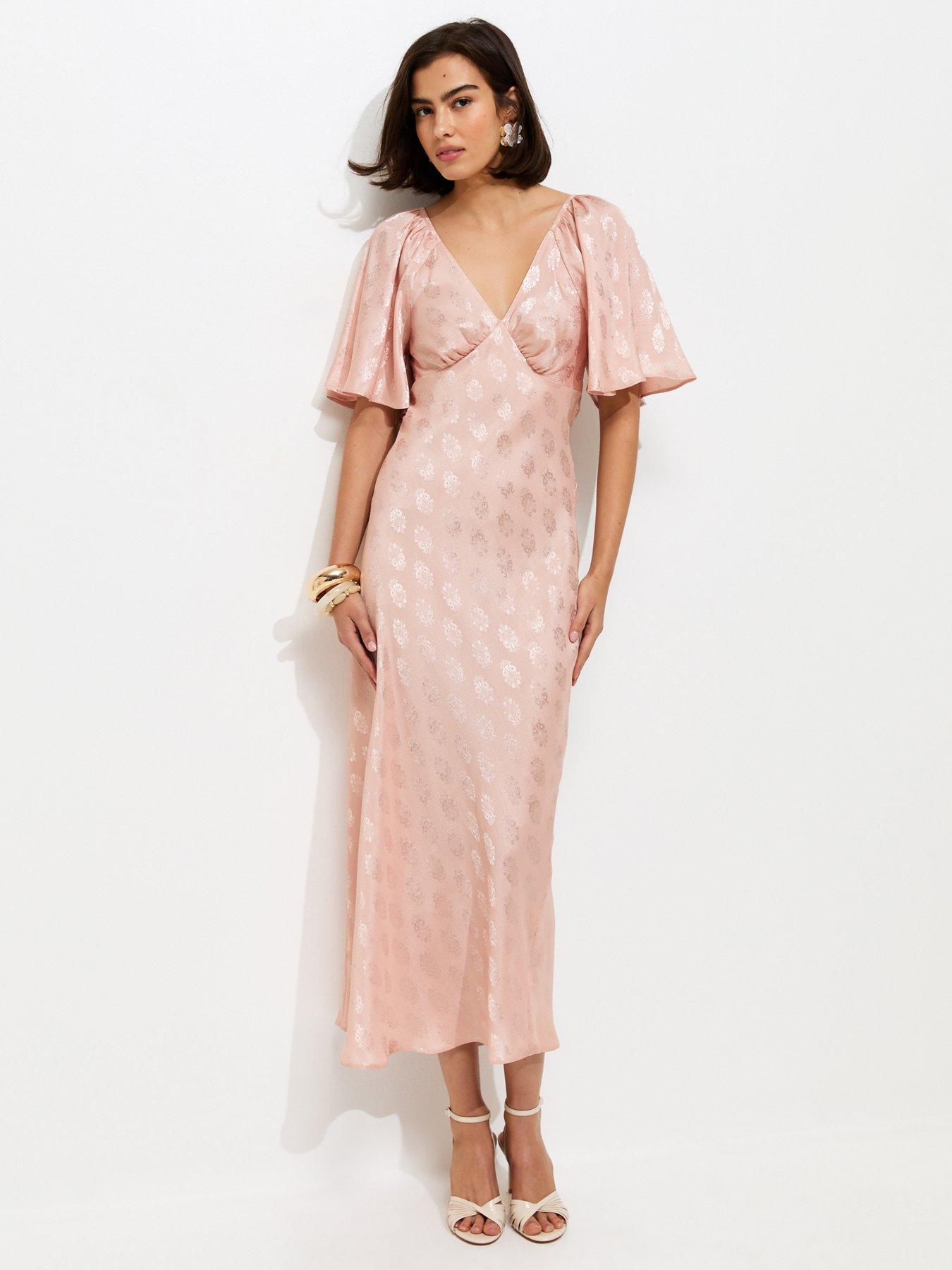 New Look Paisley Pattern Jacquard Flutter Sleeve Midi Dress - Pink