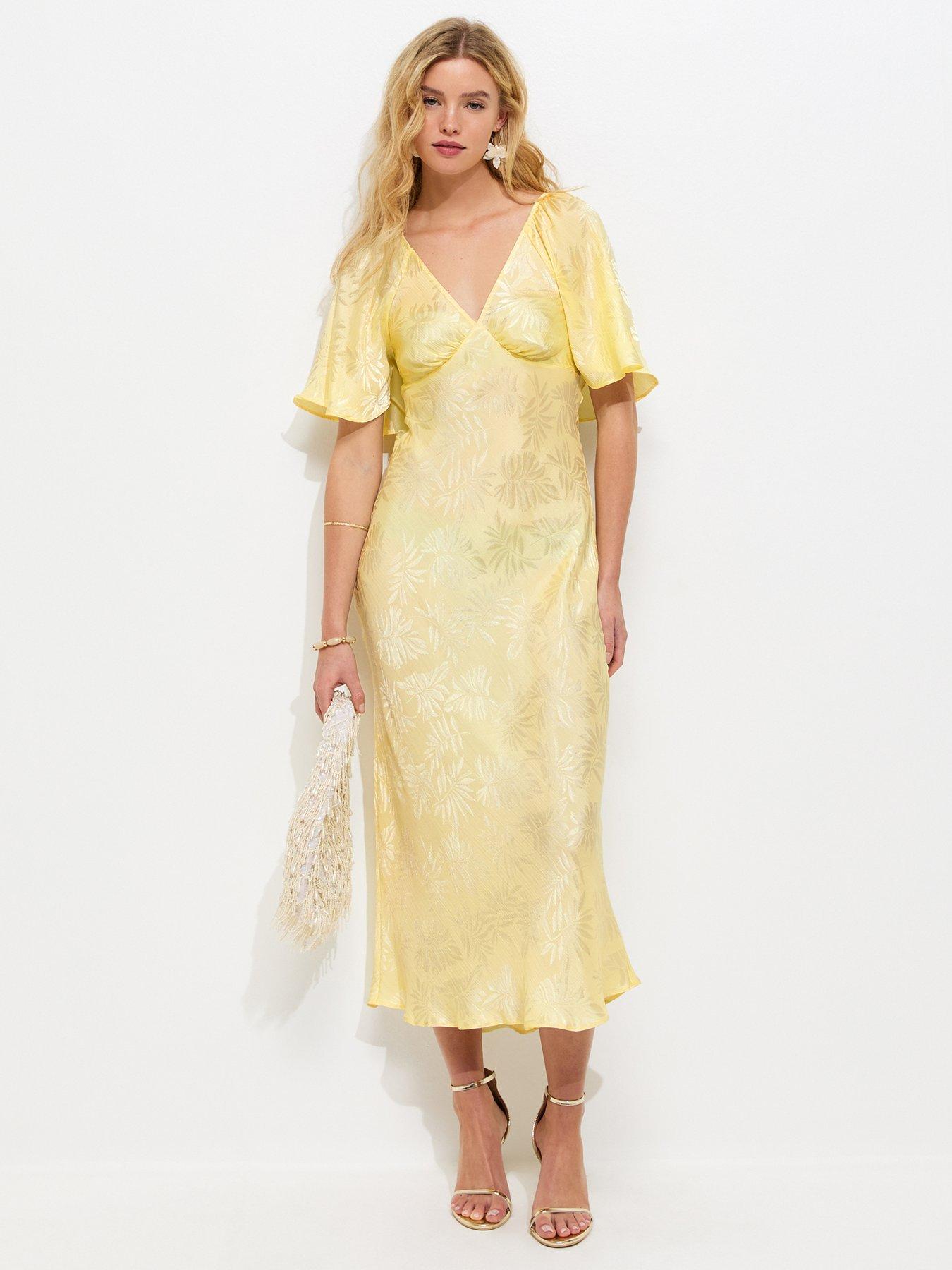 New Look Palm Leaf Jacquard Flutter Sleeve Midi Dress - Light Yellow |  Littlewoods