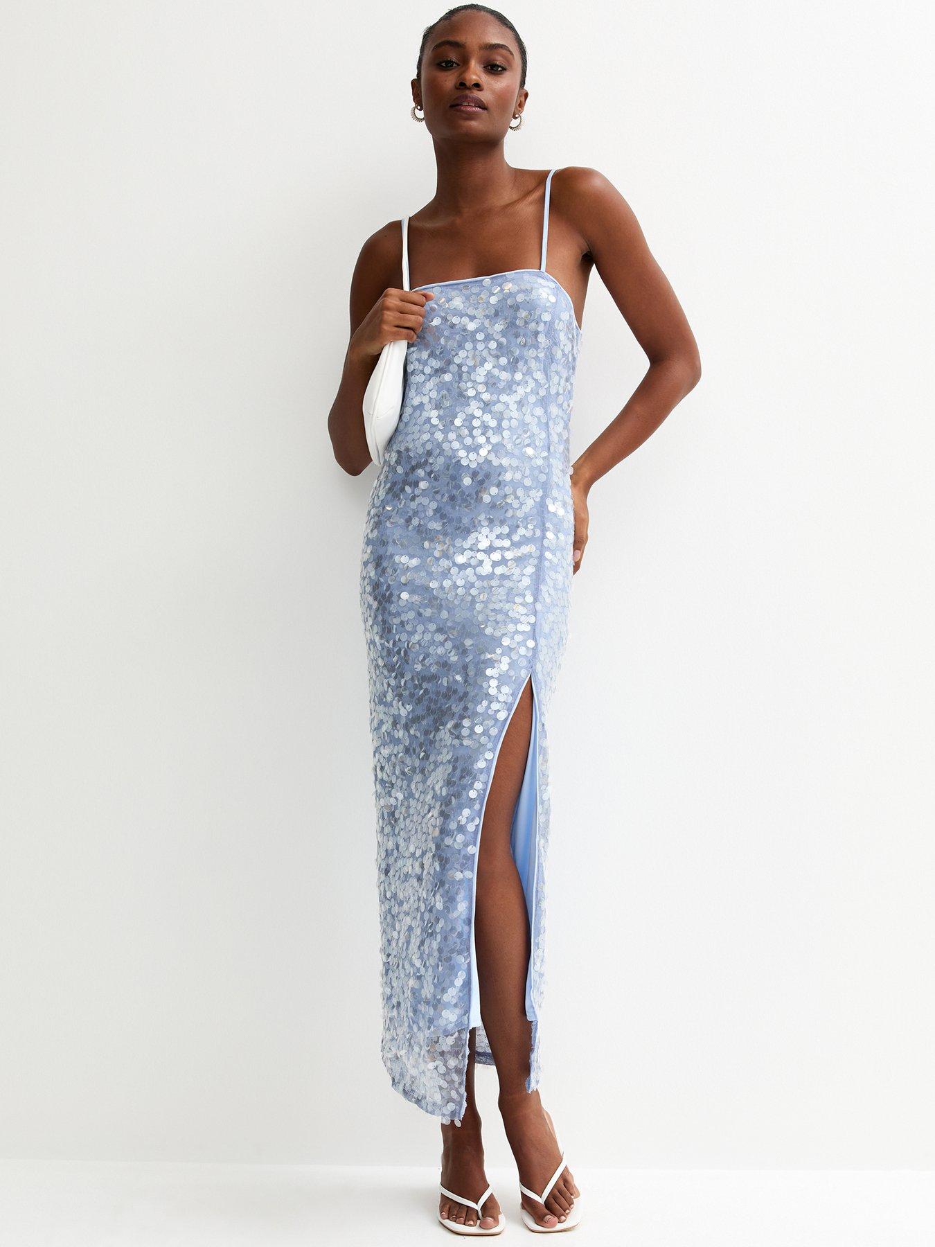 new look blue sequin dress New Look Sequin Strappy Tie Back Maxi Dress - Light Blue