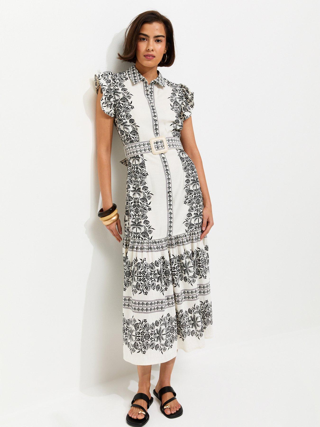 New Look Floral Border Print Buckle Detail Shirt Dress - Cream